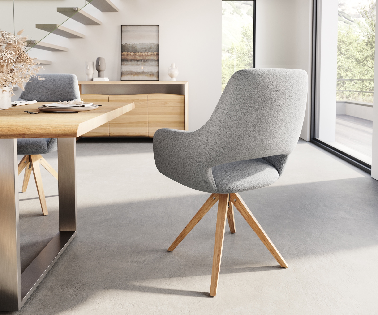 Esszimmerstuhl Yago-Flex mit Armlehnen Strukturstoff Hellgrau Holzgestell kantig Natur Taschenfederkern 4 Esszimmerstuhl Yago-Flex mit Armlehnen Strukturstoff Hellgrau Holzgestell kantig Natur Taschenfederkern 4