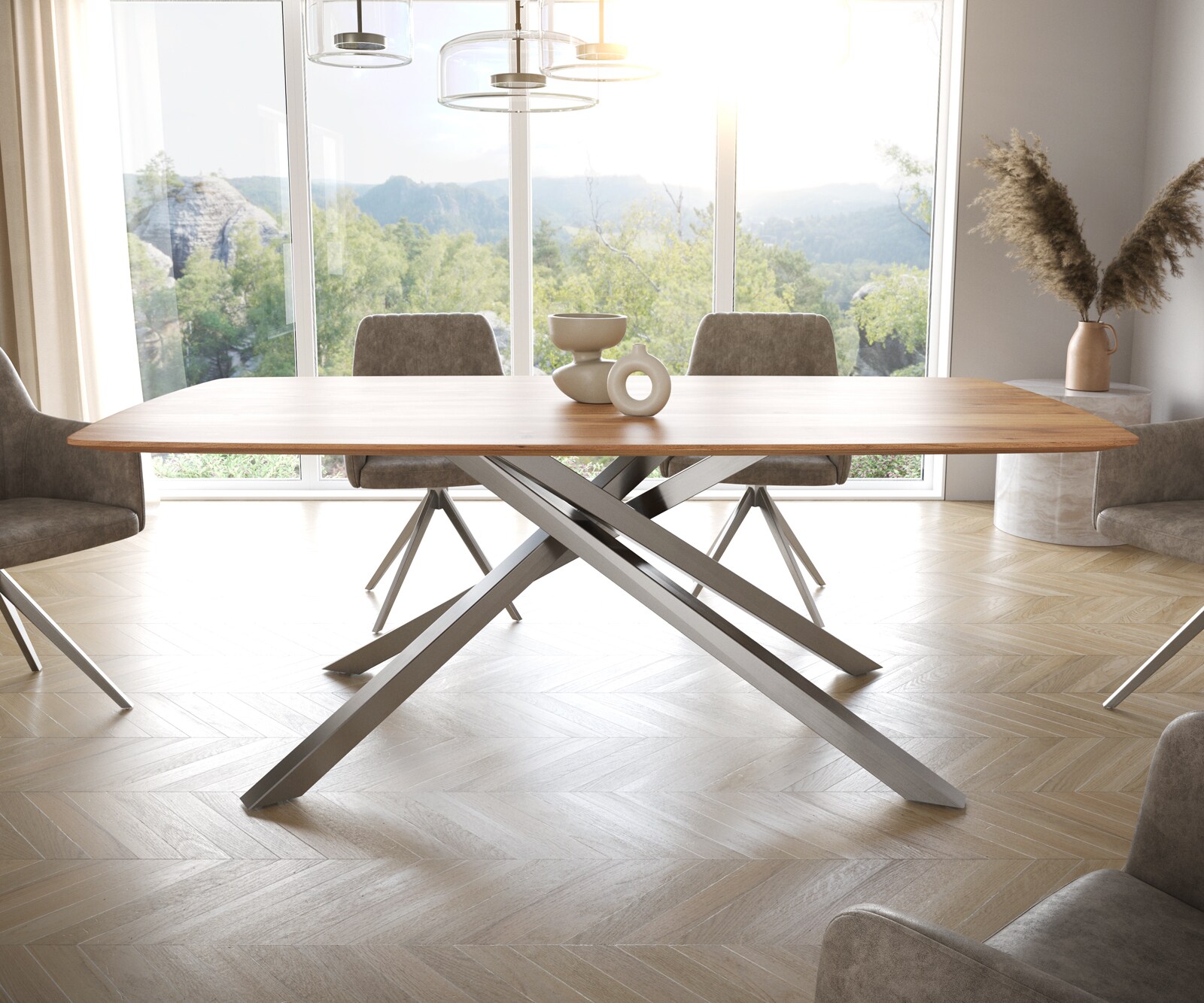 Table à manger Edge Boot 200x100 acacia nature cadre croisé rectangle acier inoxydable bord suisse 2