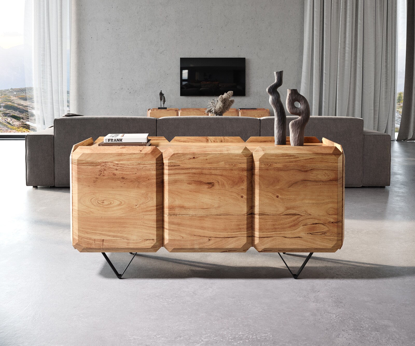 Sideboard Kiano 145 cm Akazie Natur 3 Türen V-Fuß Schwarz Raumteiler 1 Sideboard Kiano 145 cm Akazie Natur 3 Türen V-Fuß Schwarz Raumteiler 1