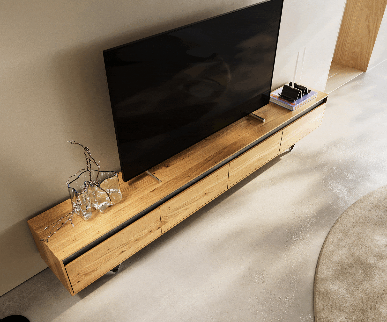 Meuble-TV Stonegrace 240 cm chêne naturel 4 portes pied en V inoxydable 3