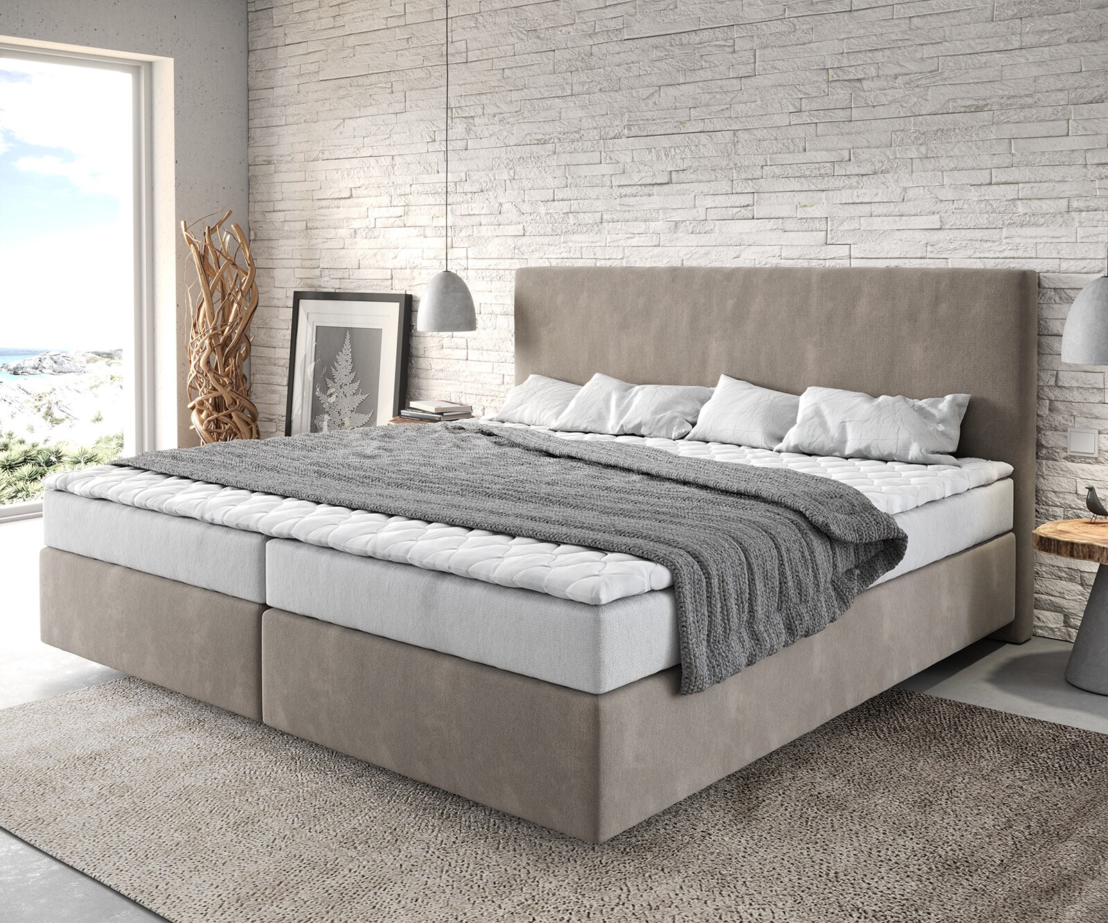Lit-à-sommier-tapissier Dream-Well Microfibre Beige 200x200 cm Matelas Bonell Surmatelas PU