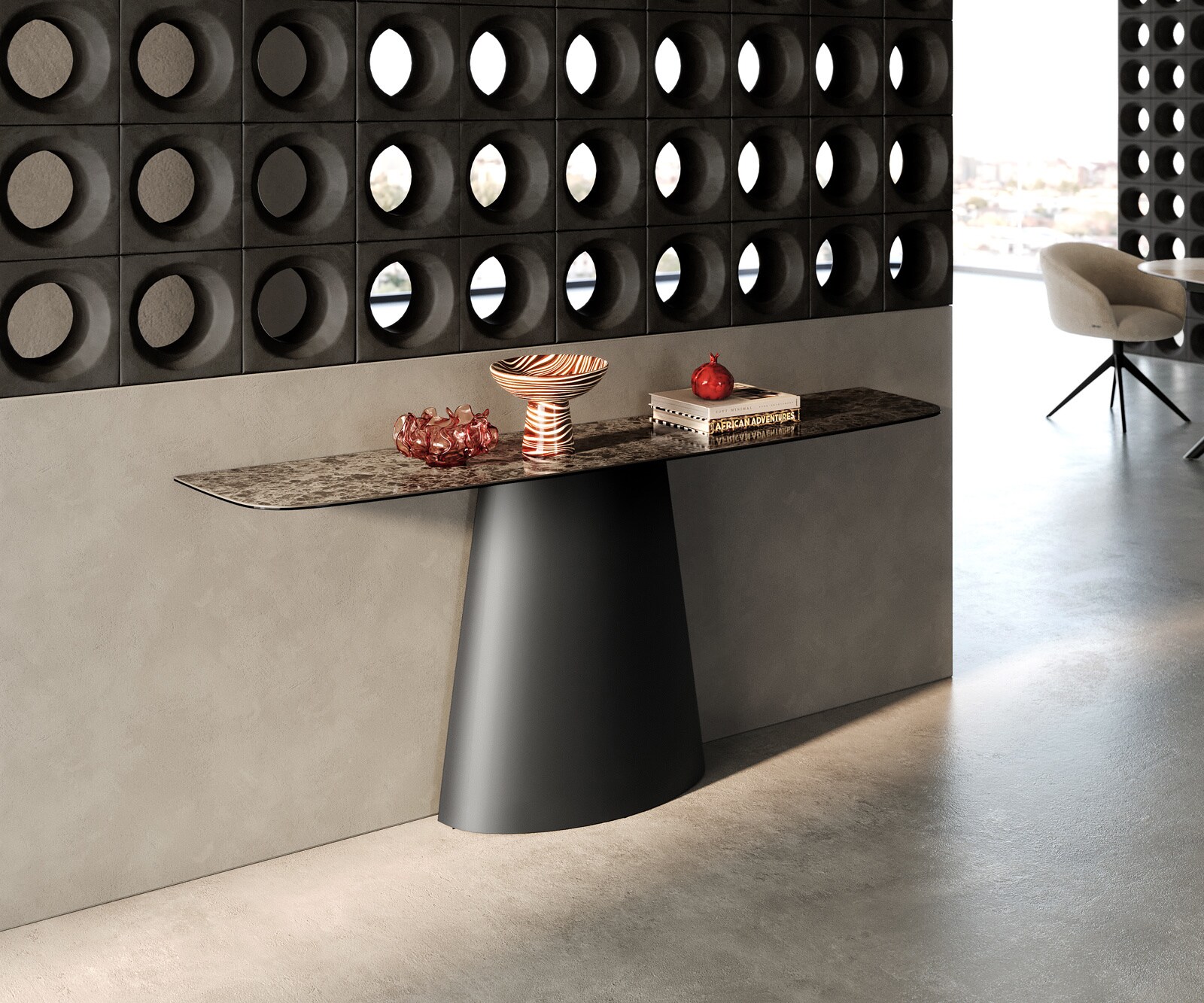 Console Edge forme bateau 180x40 cm Céramique Emperador Extra Lucidato Dunkelbraun Conos Métal Noir
