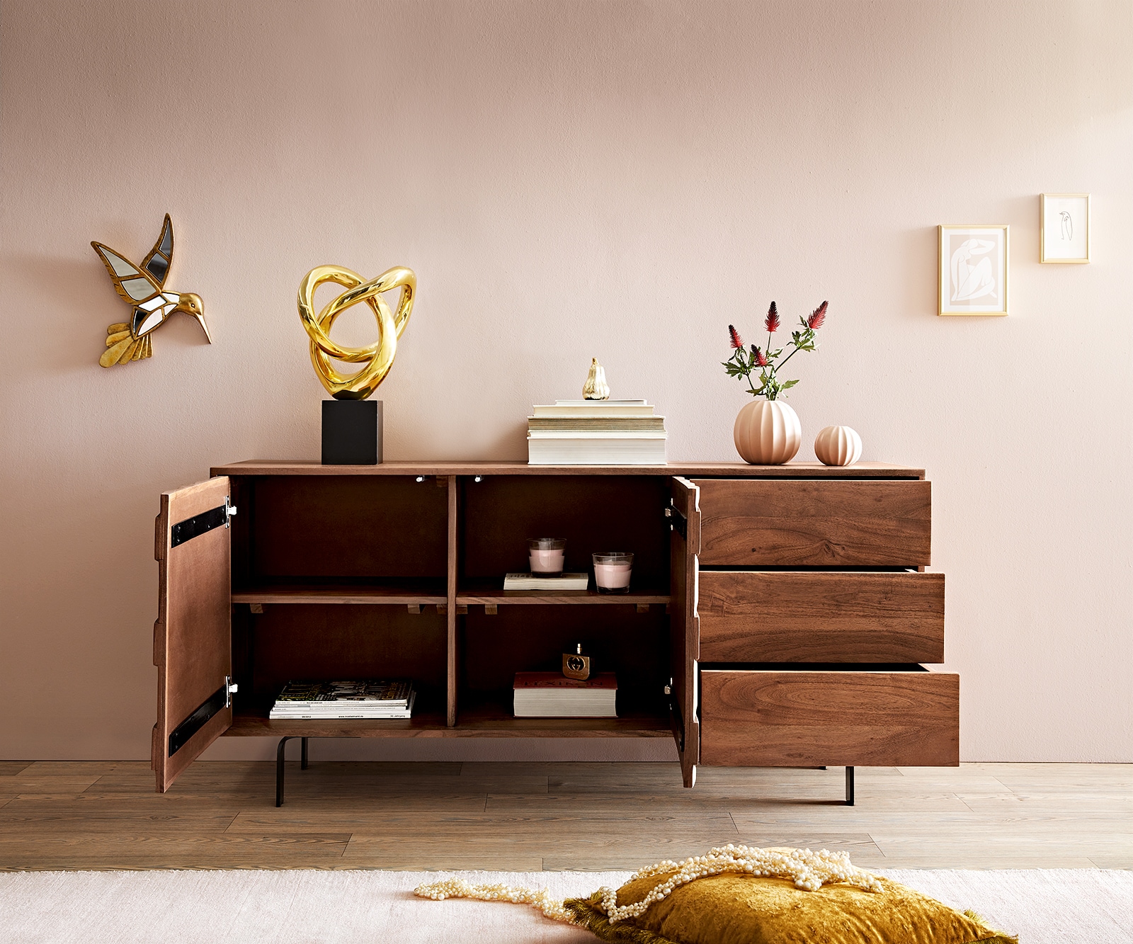 Sideboard Fevo 145 cm Akazie Braun 2 Türen 3 Schubfächer L-Fuß 3 Sideboard Fevo 145 cm Akazie Braun 2 Türen 3 Schubfächer L-Fuß 3