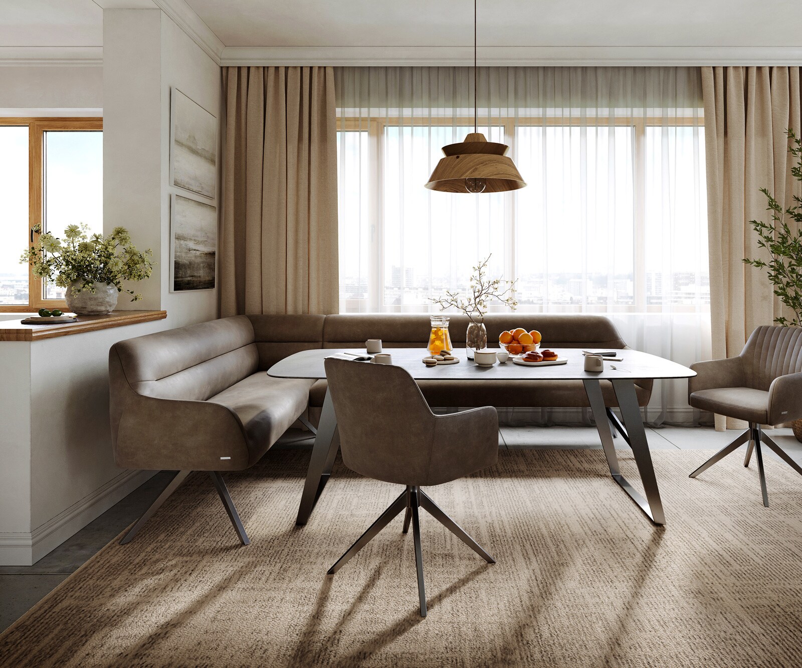 Esszimmerbank Taya-Flex 285x190 cm Mikrofaser Taupe Vintage Kreuzgestell kantig Graphit Taschenfederkern Rechts 1