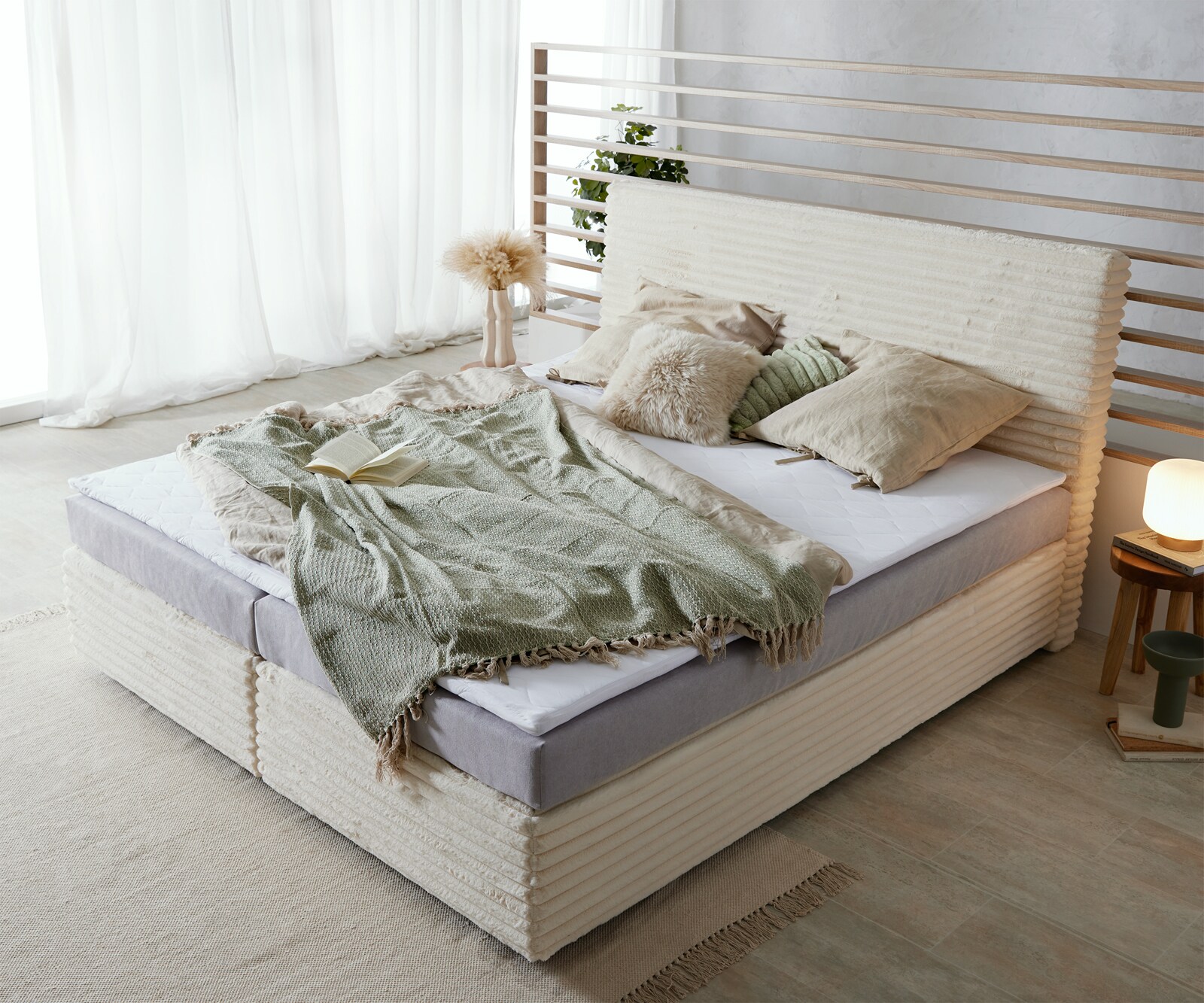 Lit Boxspring Dream-Well Velours Côtelé Beige 180x200 cm Matelas Bonell Topper en Mousse PU 3
