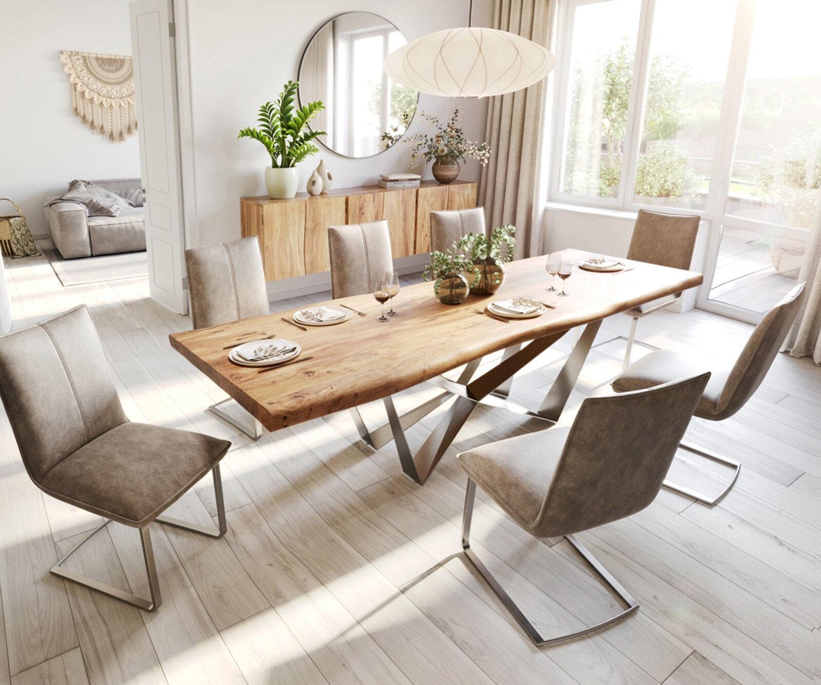 Esstisch Edge 280x100 XL Akazie Natur Spider Flachstahl Edelstahl Live-Edge 5