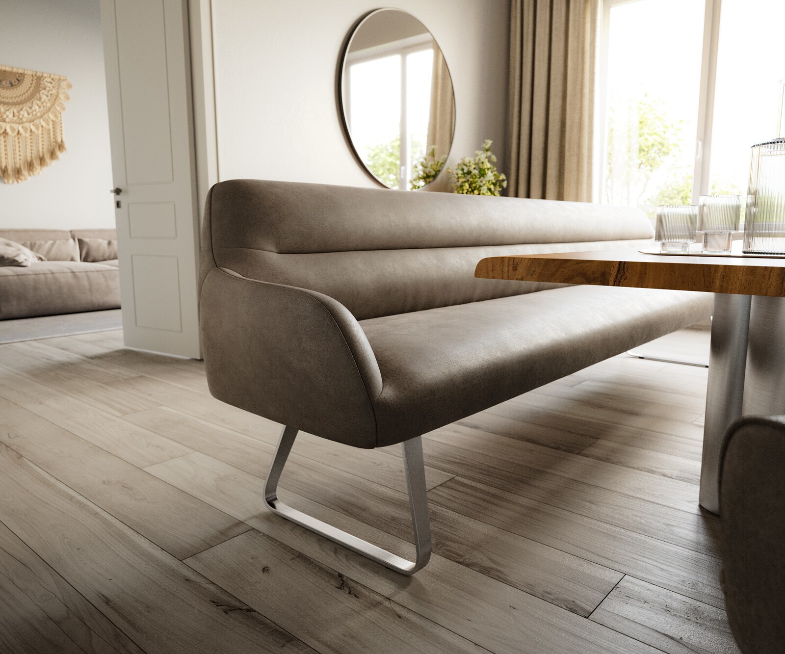 Banc-de-salle-à-manger Taya-Flex 300 cm microfibre taupe vintage châssis à patins plat acier inoxydable ressort ensaché 4