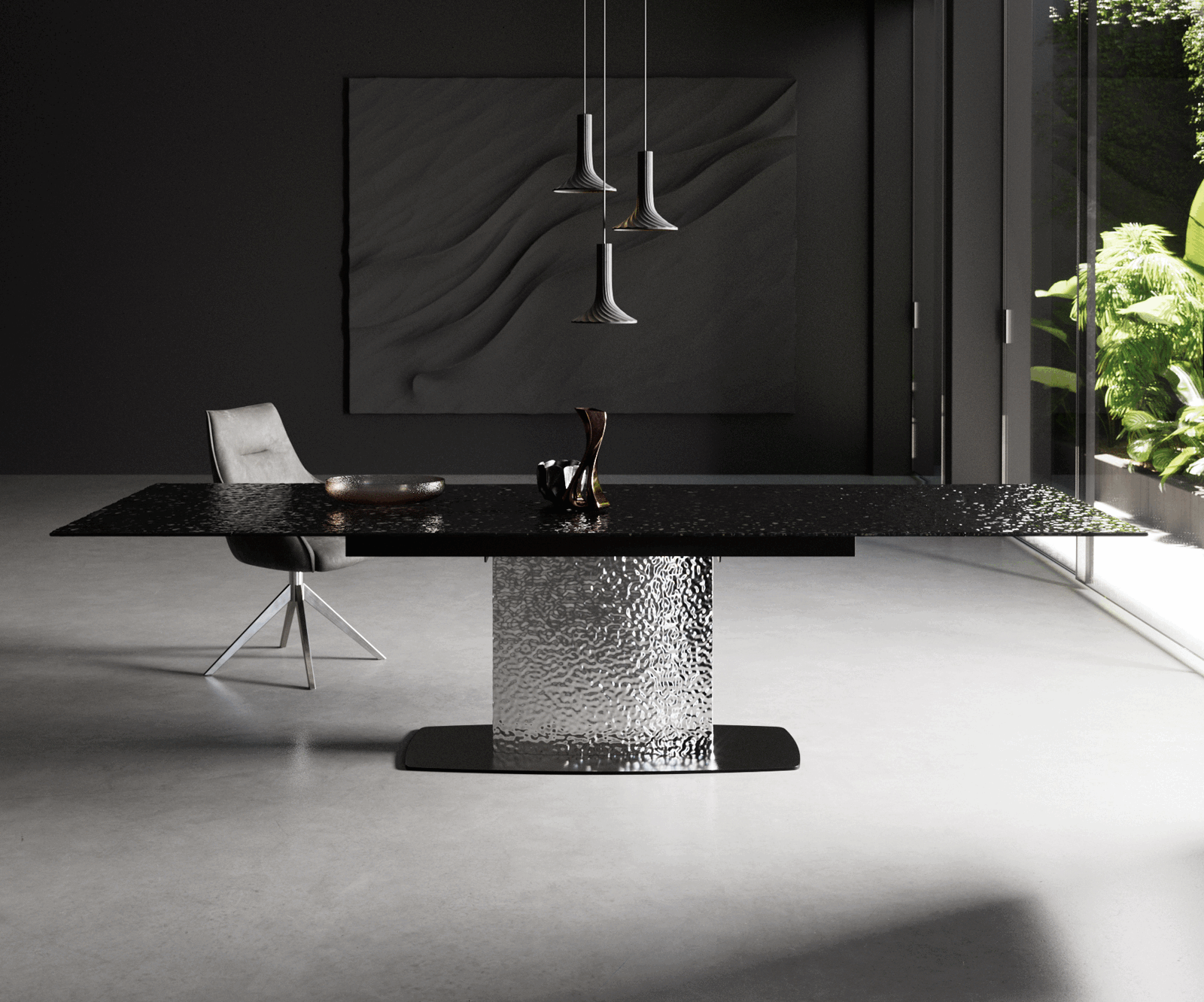 Table à manger Edge 200-300x100 verre fondu noir fumé relief en 3D Wave acier inoxydable extensible 2