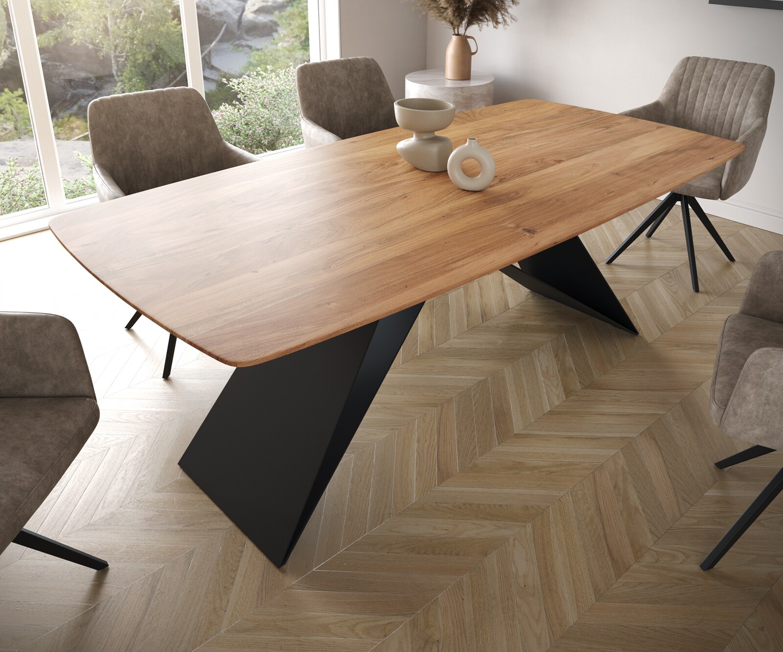 Table à manger Edge Boot 200x100 acacia nature cadre en V acier plat noir bord suisse 4