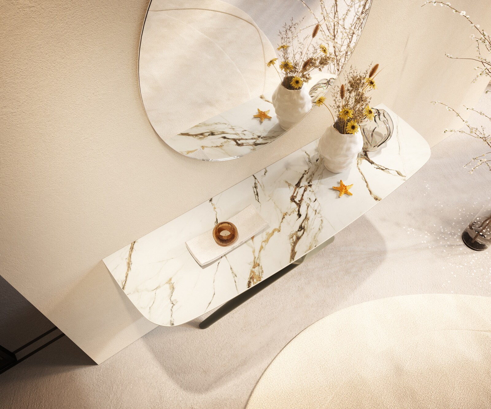 Console Edge forme bateau 140x40 cm Céramique Calacatta Luxe Weiß-Gold-Gris Estelo Métal Effektfinish Titan 1