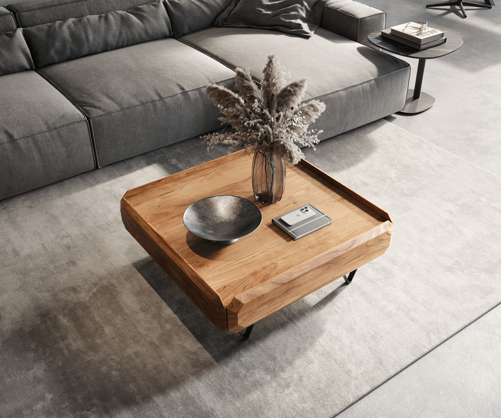 Table-basse Kiano 90x90 cm Acacia Nature 2 Tiroirs Pied en V Noir 3