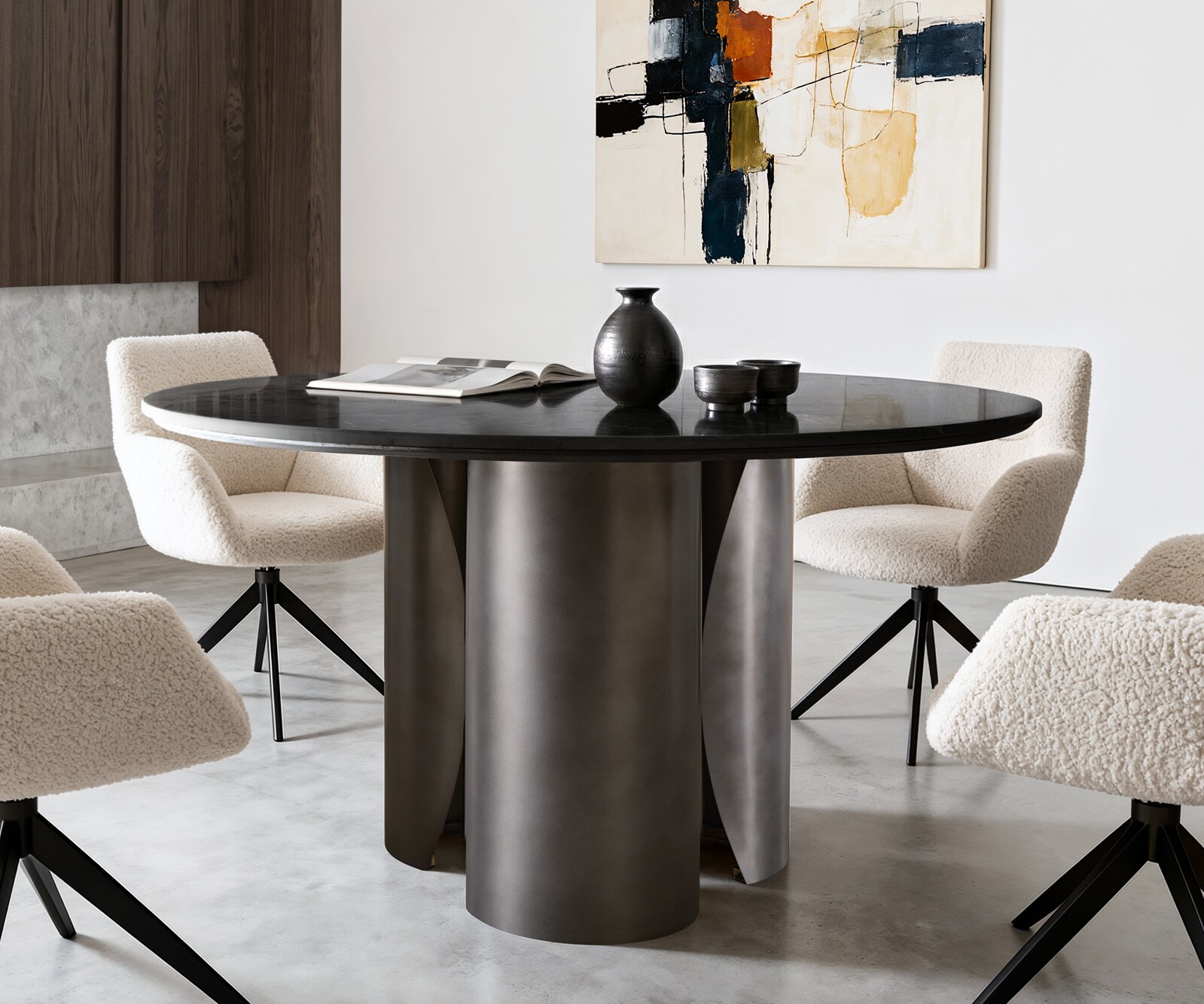 Table-à-manger Adenza ronde 140 x 140 cm marbre noir et or métal noir antique