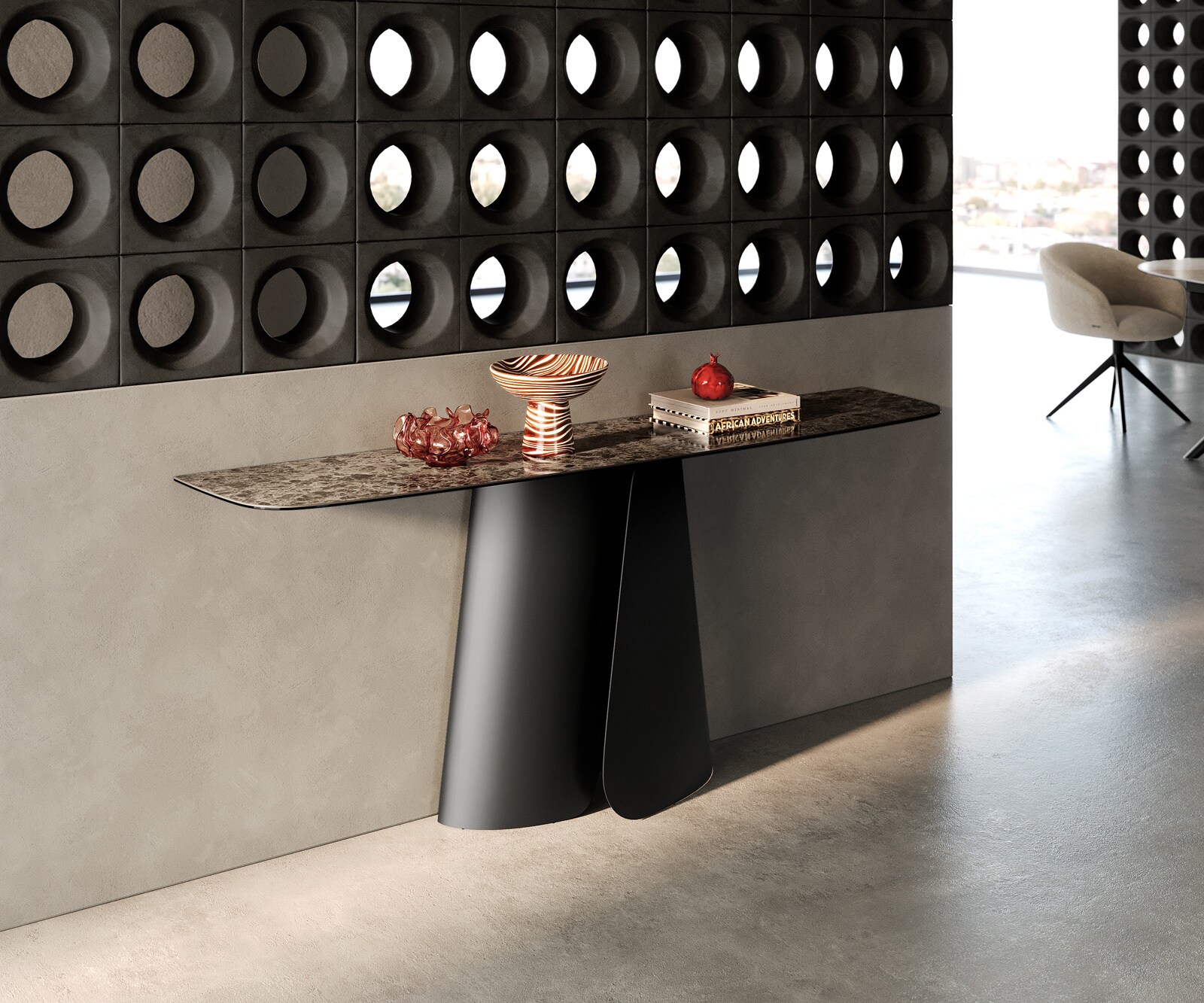 Console Edge forme bateau 180x40 cm Céramique Emperador Extra Lucidato Dunkelbraun Livos Métal Noir