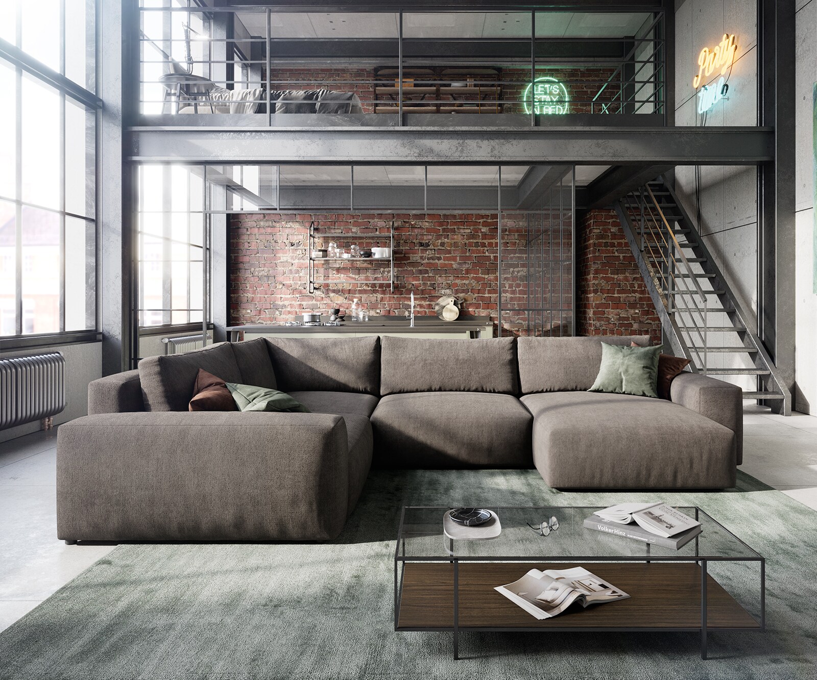 Wohnlandschaft Lanzo XL 360x260 cm Mikrofaser Khakibraun Recamiere variabel 1