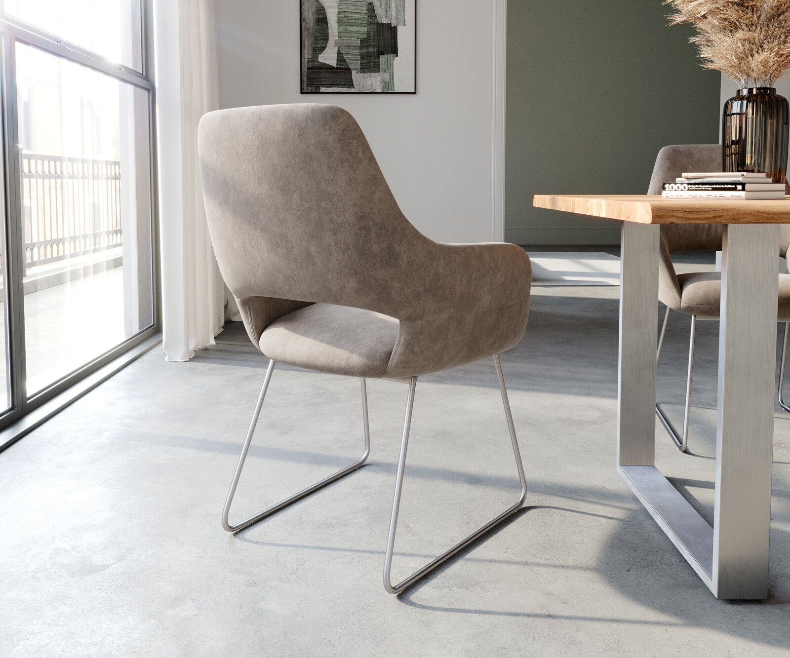 Chaise-de-salle-à-manger Yago-Flex avec accoudoirs microvelours taupe vintage pied trapèze acier inoxydable brossé ressorts ensachés 5