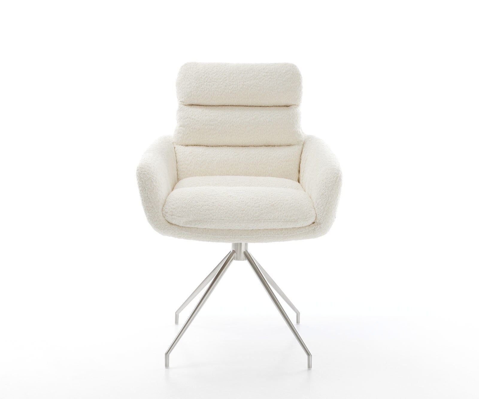 Chaise-de-salle-à-manger Abelia-Flex avec accoudoirs bouclé blanc pied croisé conique acier inoxydable brossé 1