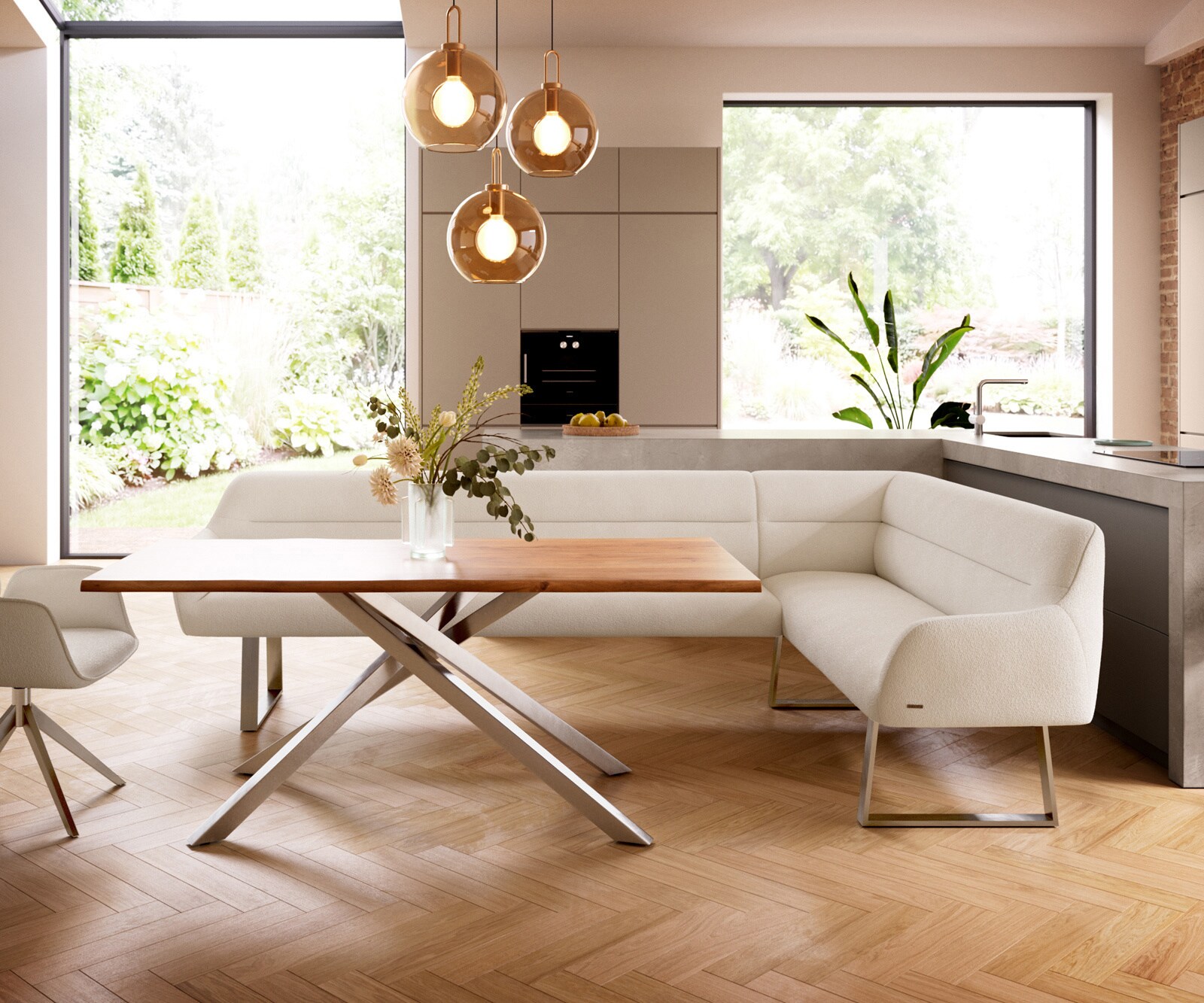 Banc-de-salle-à-manger Taya-Flex 285x190 cm bouclé crème-blanc piètement à patins angulaire acier inoxydable ressort ensaché liens 2