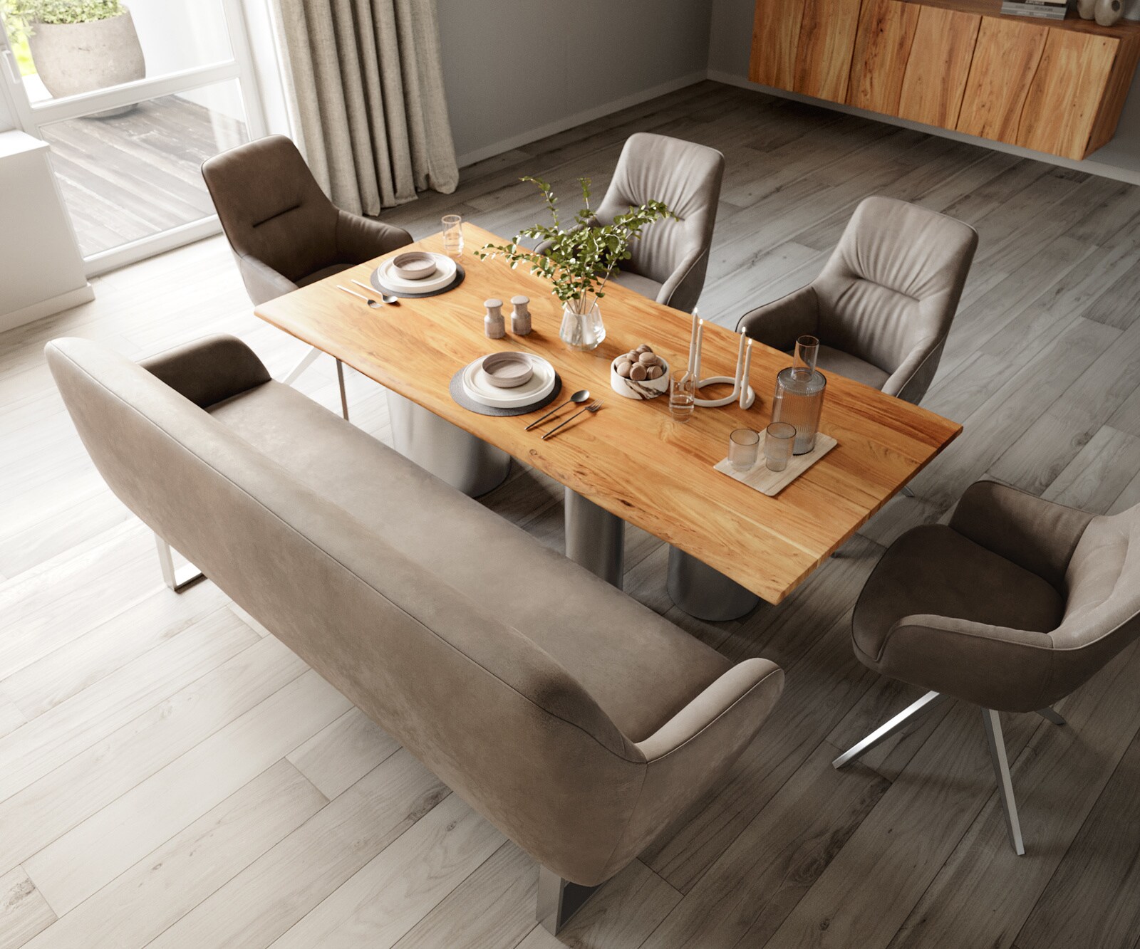 Banc-de-salle-à-manger Taya-Flex 200 cm microfibre taupe vintage piètement à patins angulaire acier inoxydable ressort ensaché 3