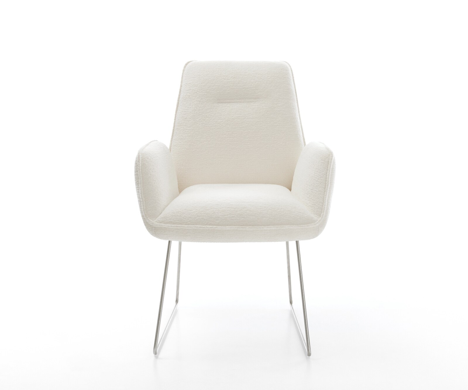 Chaise-de-salle-à-manger Zoa-Flex bouclé doux beige pied trapèze acier inoxydable resorts ensachés 1