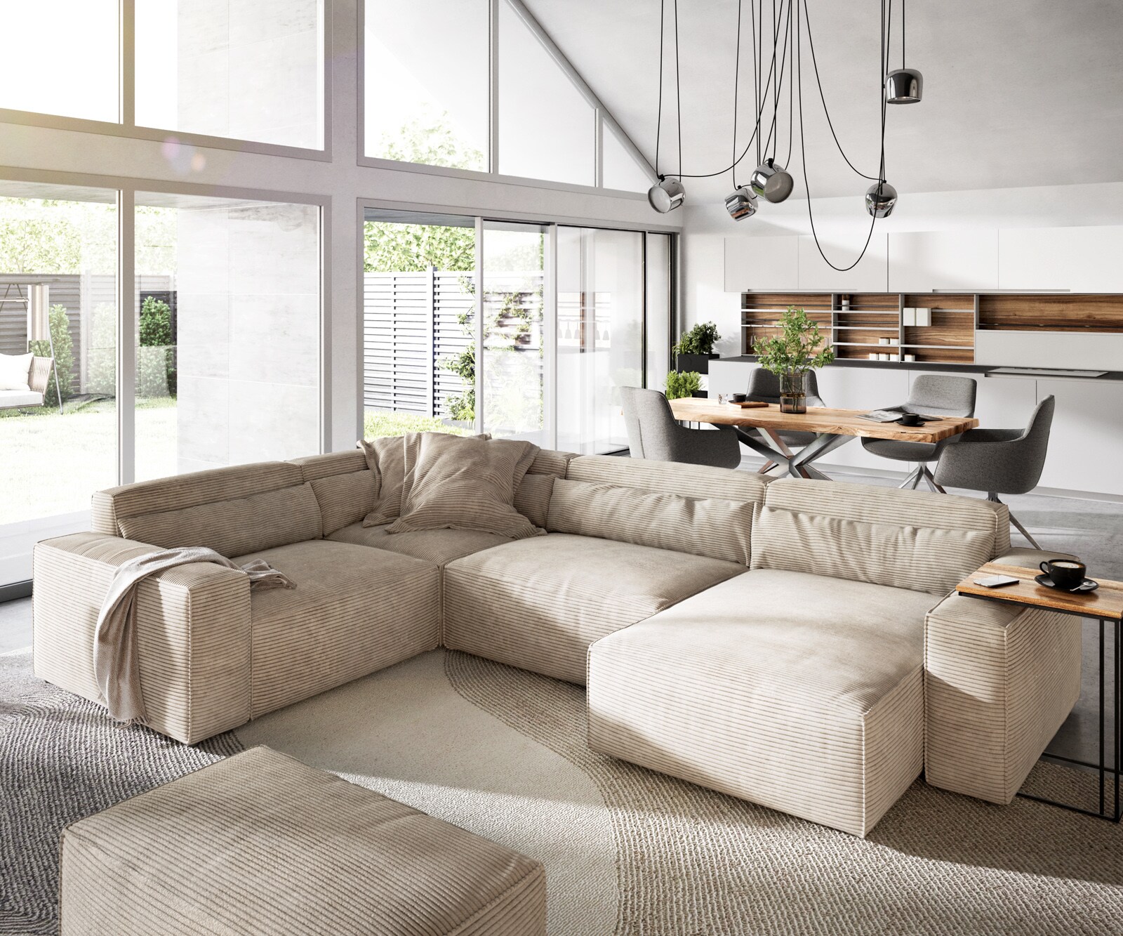 Wohnlandschaft Sirpio 300x200 cm Cord Beige Recamiere variabel mit Hocker