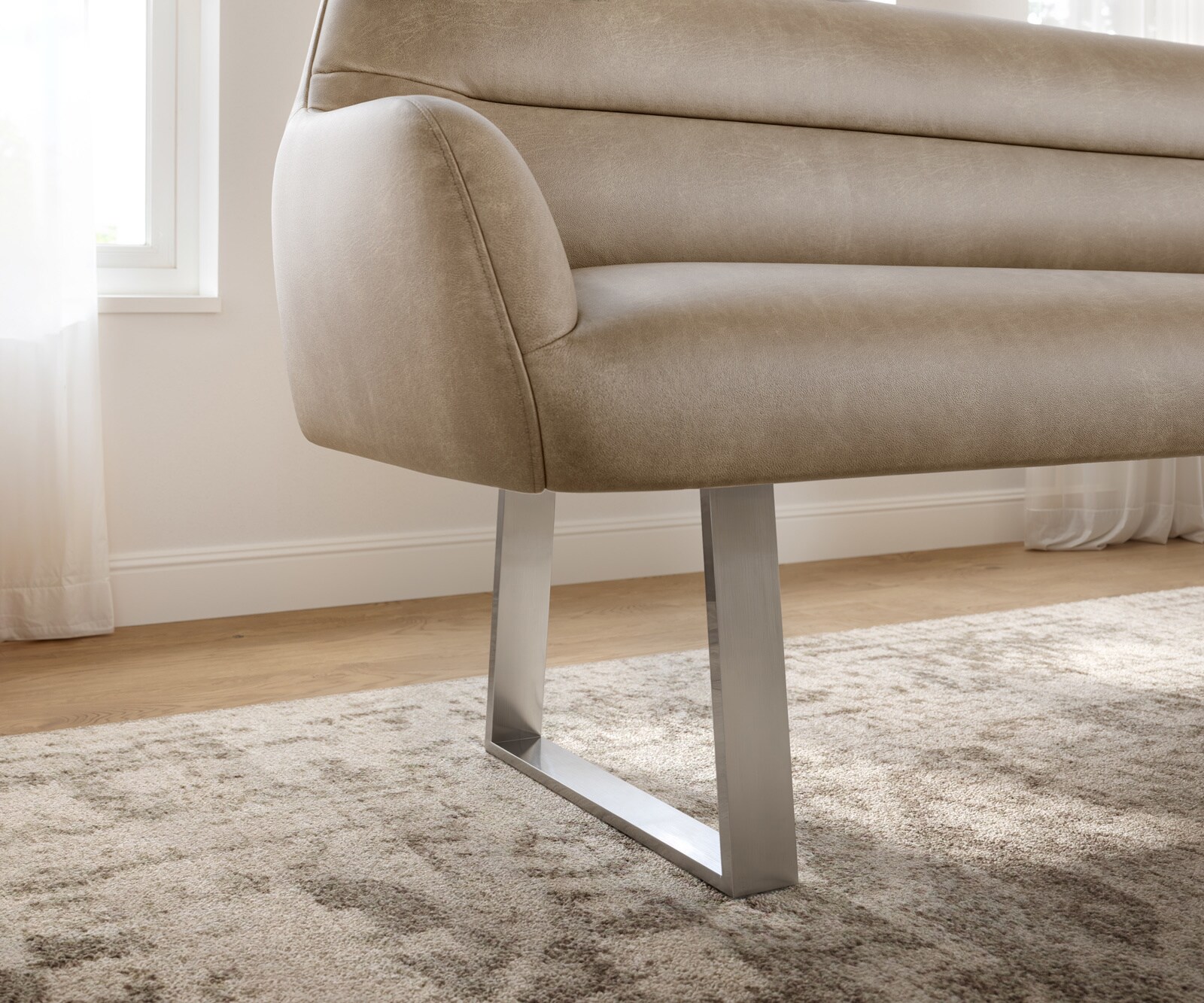 Banc-de-salle-à-manger Taya-Flex 200 cm microfibre beige vintage piètement à patins angulaire acier inoxydable ressort ensaché 4