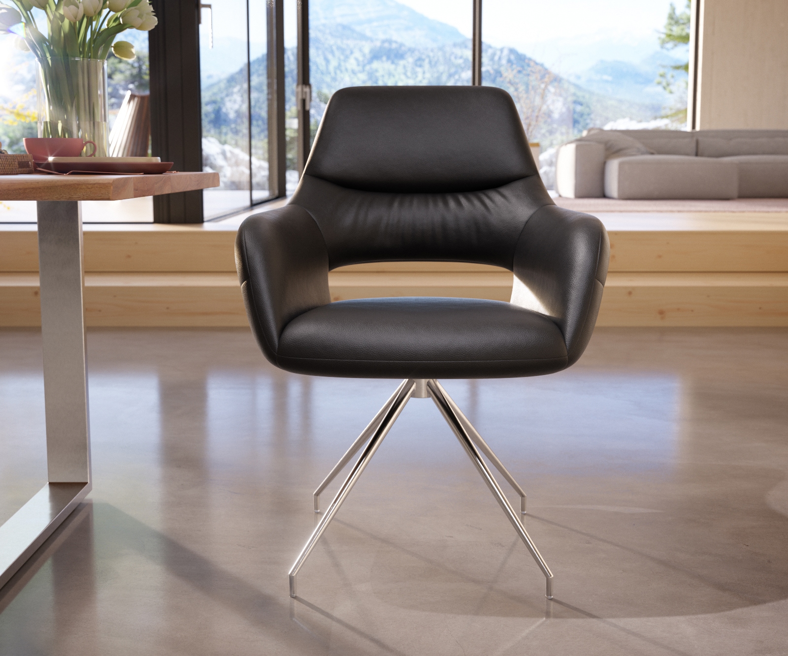 Esszimmerstuhl Yago-Flex mit Armlehnen Echt-Leder Schwarz Kreuzgestell konisch Edelstahl Taschenfederkern 1 Esszimmerstuhl Yago-Flex mit Armlehnen Echt-Leder Schwarz Kreuzgestell konisch Edelstahl Taschenfederkern 1