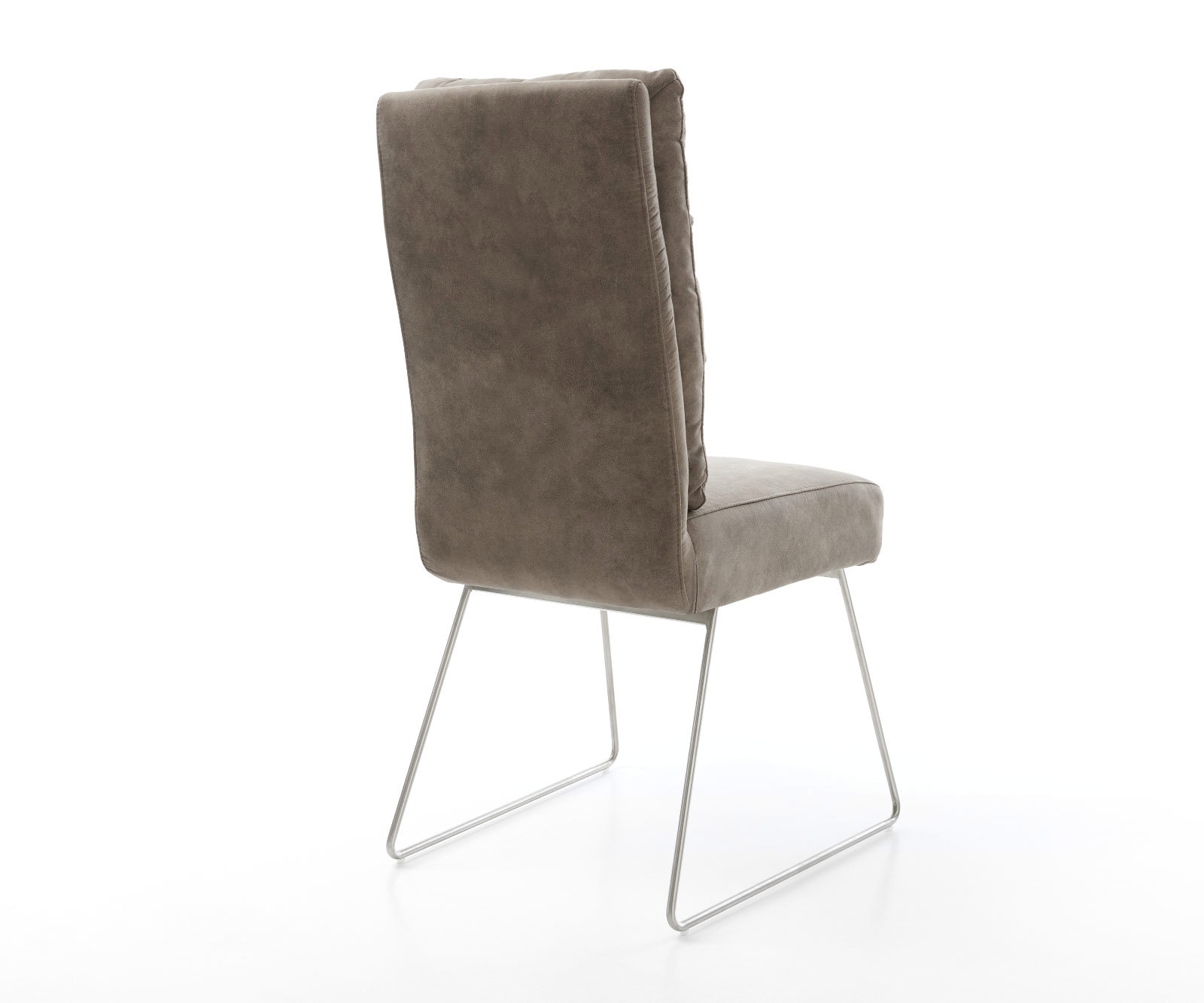 Chaise-de-salle-à-manger Pela-Flex microvelours taupe vintage pied trapèze acier inoxydable brossé ressorts ensachés 4 Chaise-de-salle-à-manger Pela-Flex microvelours taupe vintage pied trapèze acier inoxydable brossé ressorts ensachés 4