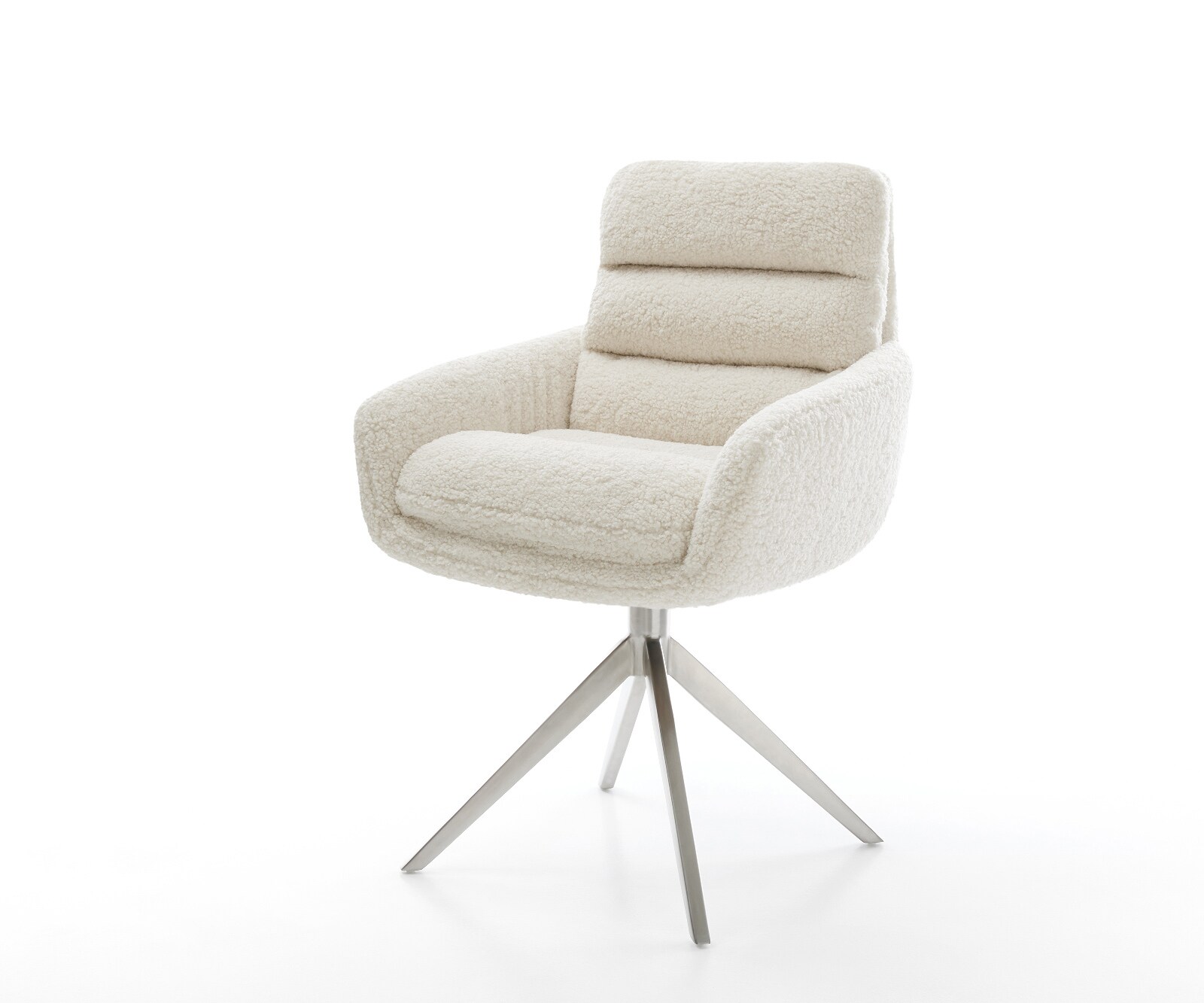 Chaise-pivotante Abelia-Flex avec accoudoirs tissu teddy beige pied croisé large acier inoxydable pivotement sur 360° fonction bascule