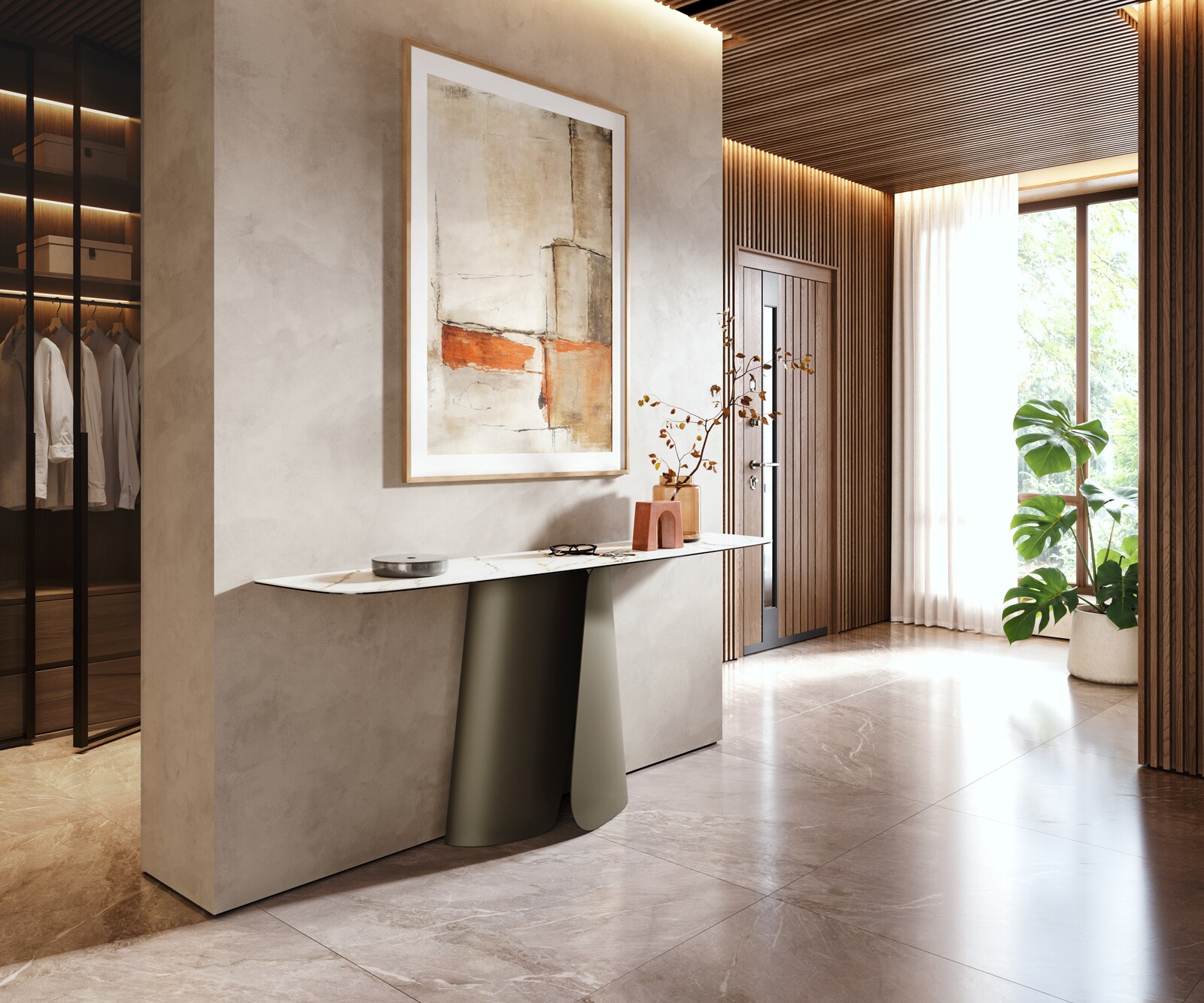 Console Edge forme bateau 180x40 cm Céramique Calacatta Luxe Weiß-Gold-Gris Livos Métal Effektfinish Titan 5