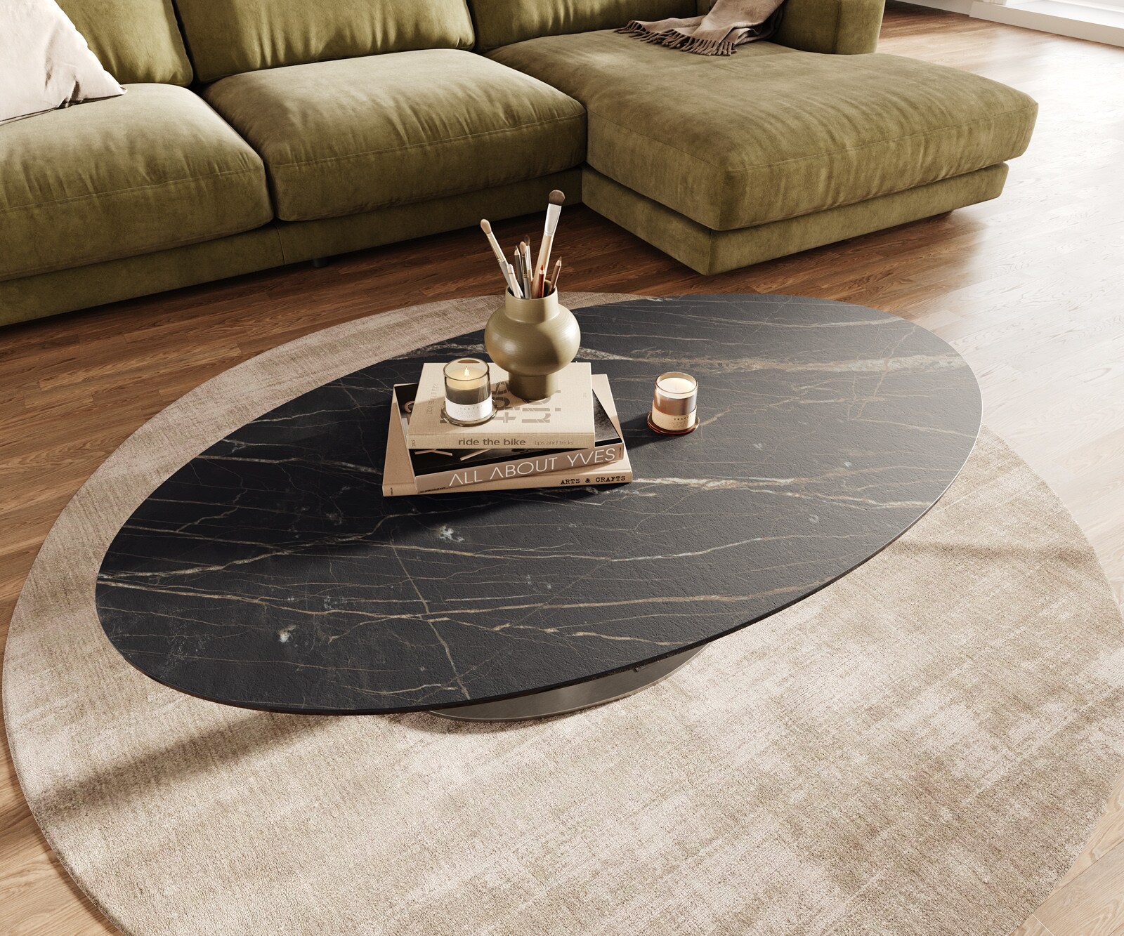 Table basse Edge Oval 140x80 cm céramique Laminam® Noir Desir brun Vibany acier inoxydable brossé 3