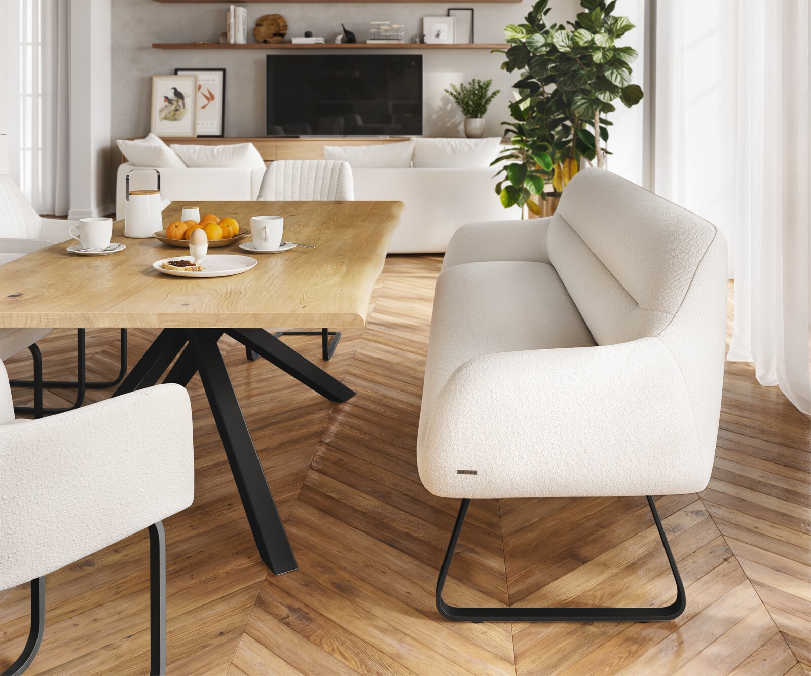 Esszimmerbank Taya-Flex 200 cm Bouclé Creme-Weiß Kufengestell flach Schwarz Taschenfederkern 1