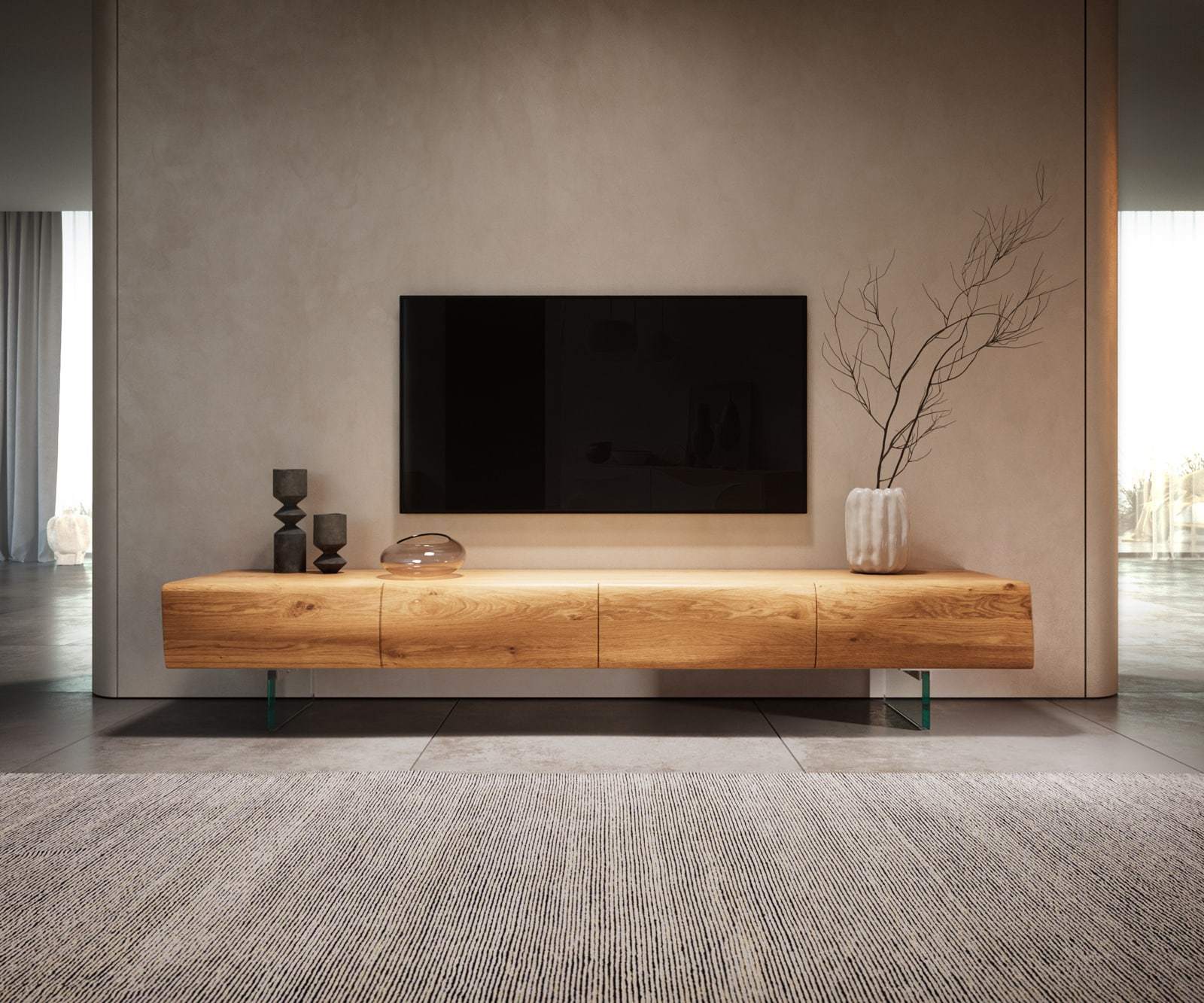 Meuble -TV New Live-Edge 200 cm chêne naturel 4 portes pied en verre Meuble -TV New Live-Edge 200 cm chêne naturel 4 portes pied en verre