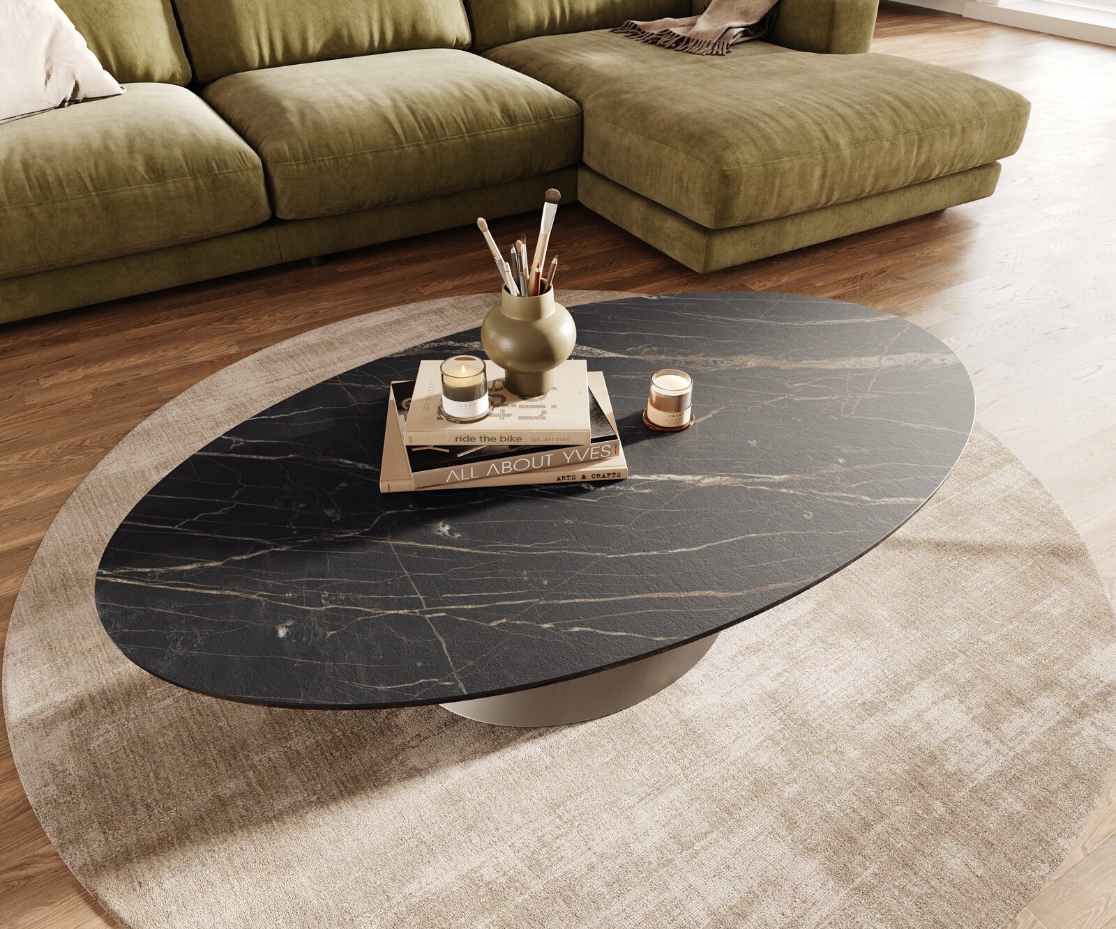 Table basse Edge Oval 140x80 cm céramique Laminam® Noir Desir brun Conis acier inoxydable brossé 4
