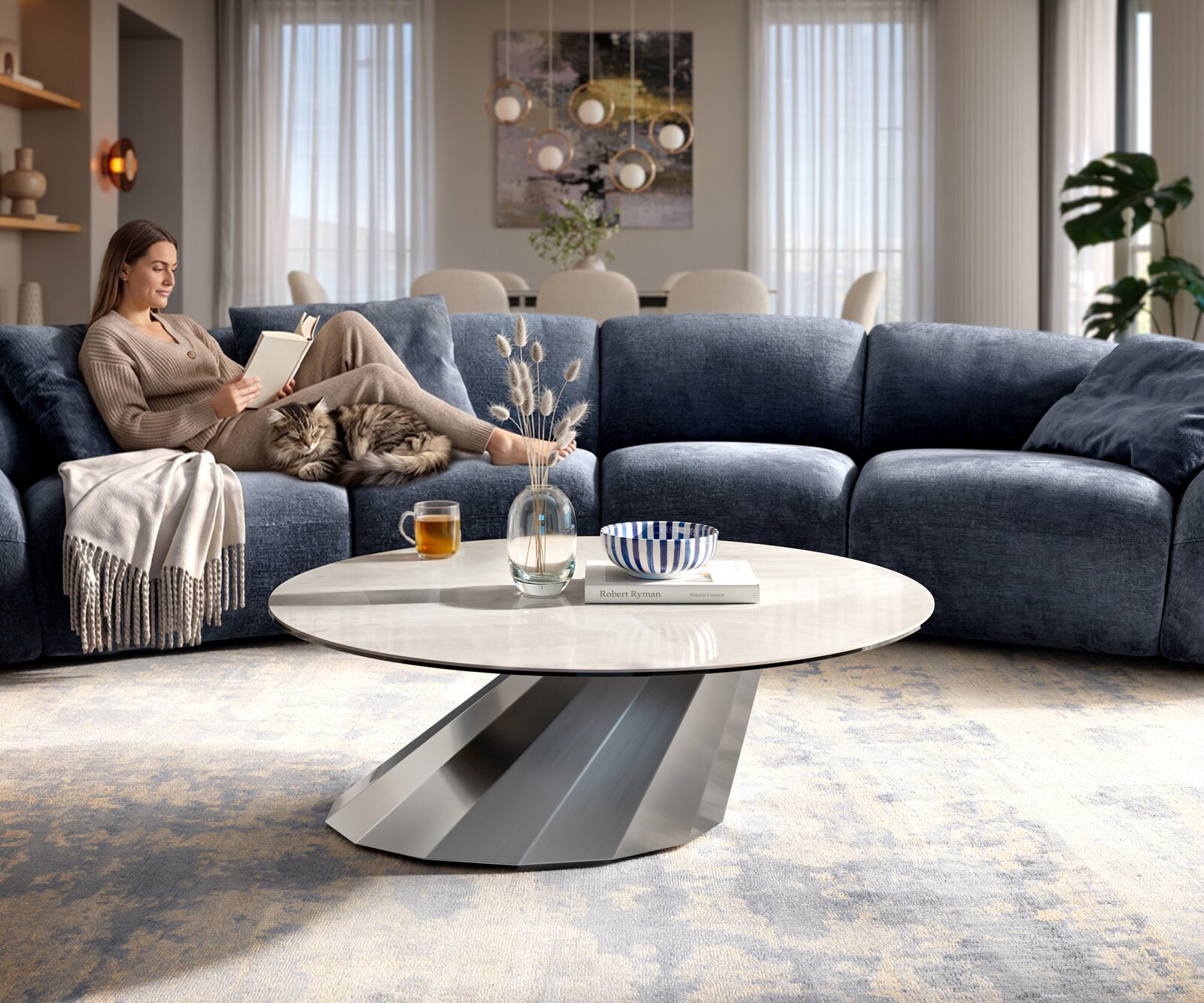 Table basse Edge ronde 100x100 cm céramique Onyx Champagne Parabi acier inoxydable brossé 2
