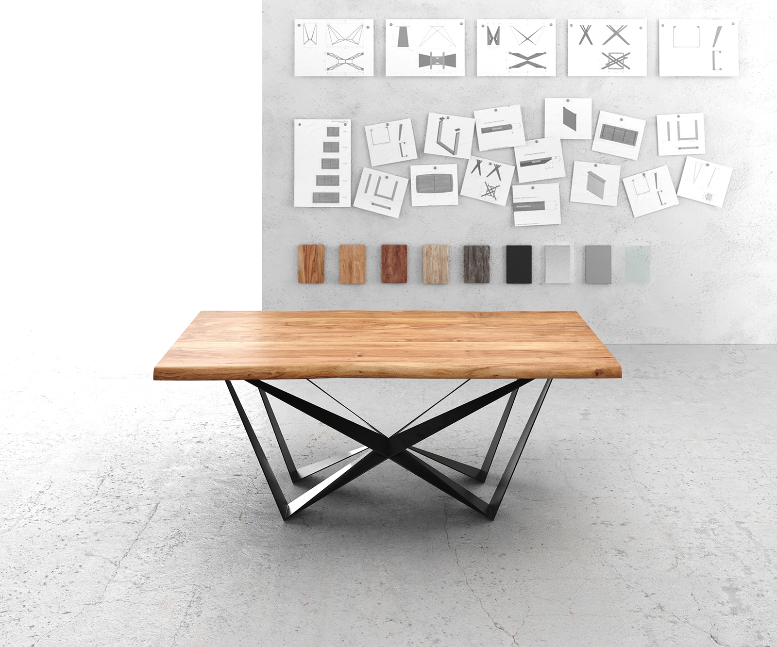 Table à manger Edge 200x100 XL acacia naturel Spider acier plat noir Live-Edge 2