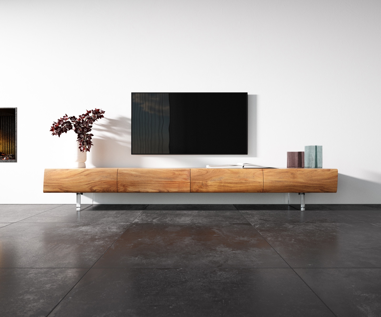 Meuble -TV New Live-Edge 240 cm acacia naturel 4 tiroirs pied acrylique 3 Meuble -TV New Live-Edge 240 cm acacia naturel 4 tiroirs pied acrylique 3