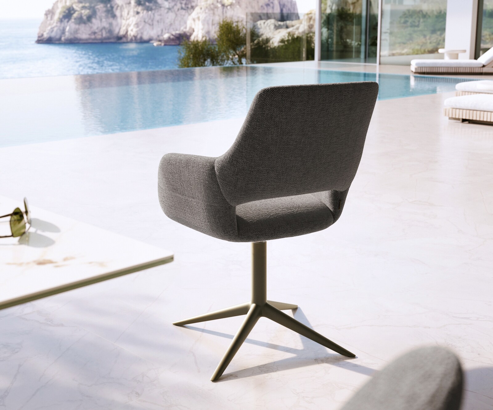 Chaise-d'extérieur Yago-Flex avec accoudoirs tissu texturé graphite pied de chaise 4 branches aspect titane pivotement sur 360° fonction bascule 4