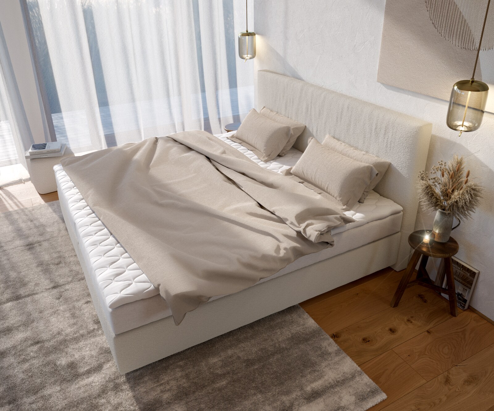 Lit-à-sommier-tapissier Dream-Well Bouclé Crème-Blanc 200x200 cm Matelas Bonell Surmatelas  PU 3