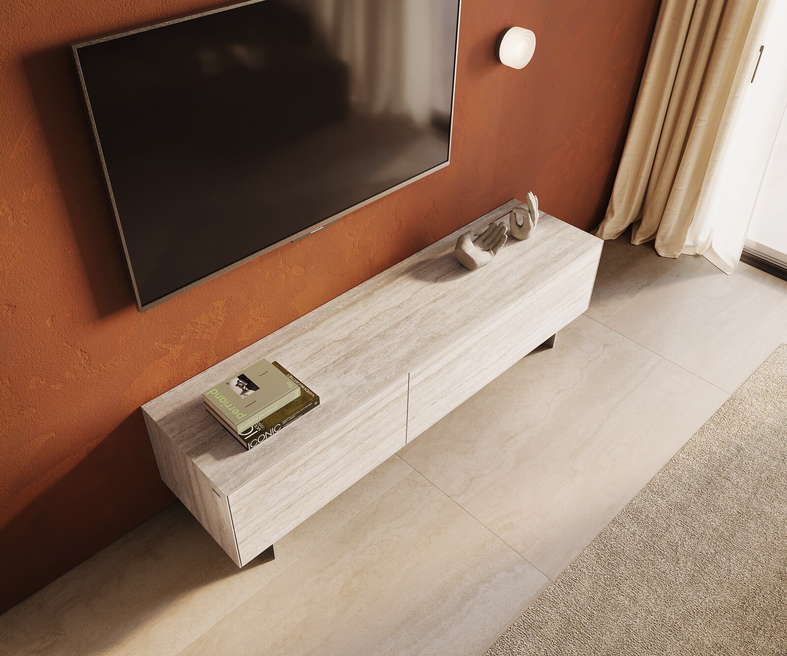 Meuble-TV Cuor 180 cm Céramique Laminam® Travertino Bianco Crème-blanc 1 Clapet 2 Tiroirs Pied optique flottant Ancier inoxydable 4