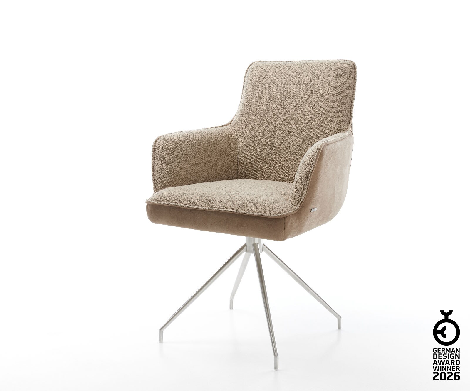 Chaise-pivotante Heira-Flex avec accoudoirs tissu mixte couleur boue pied croisé conique acier inoxydable brossé pivotement sur 180° ressorts ensachés 1