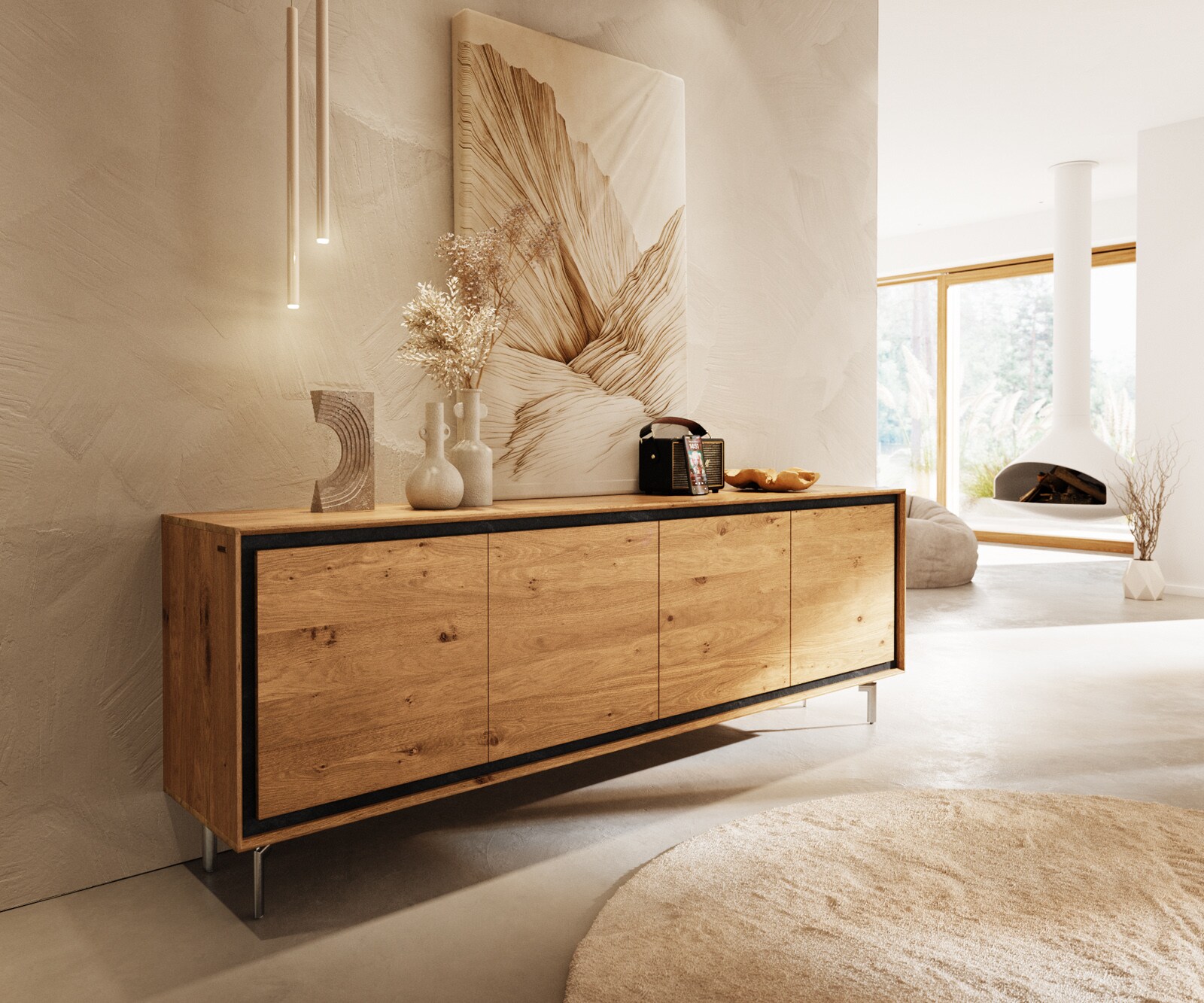 Buffet Stonegrace 200 cm chêne naturel 4 portes pied ovale inoxydable brossé 1