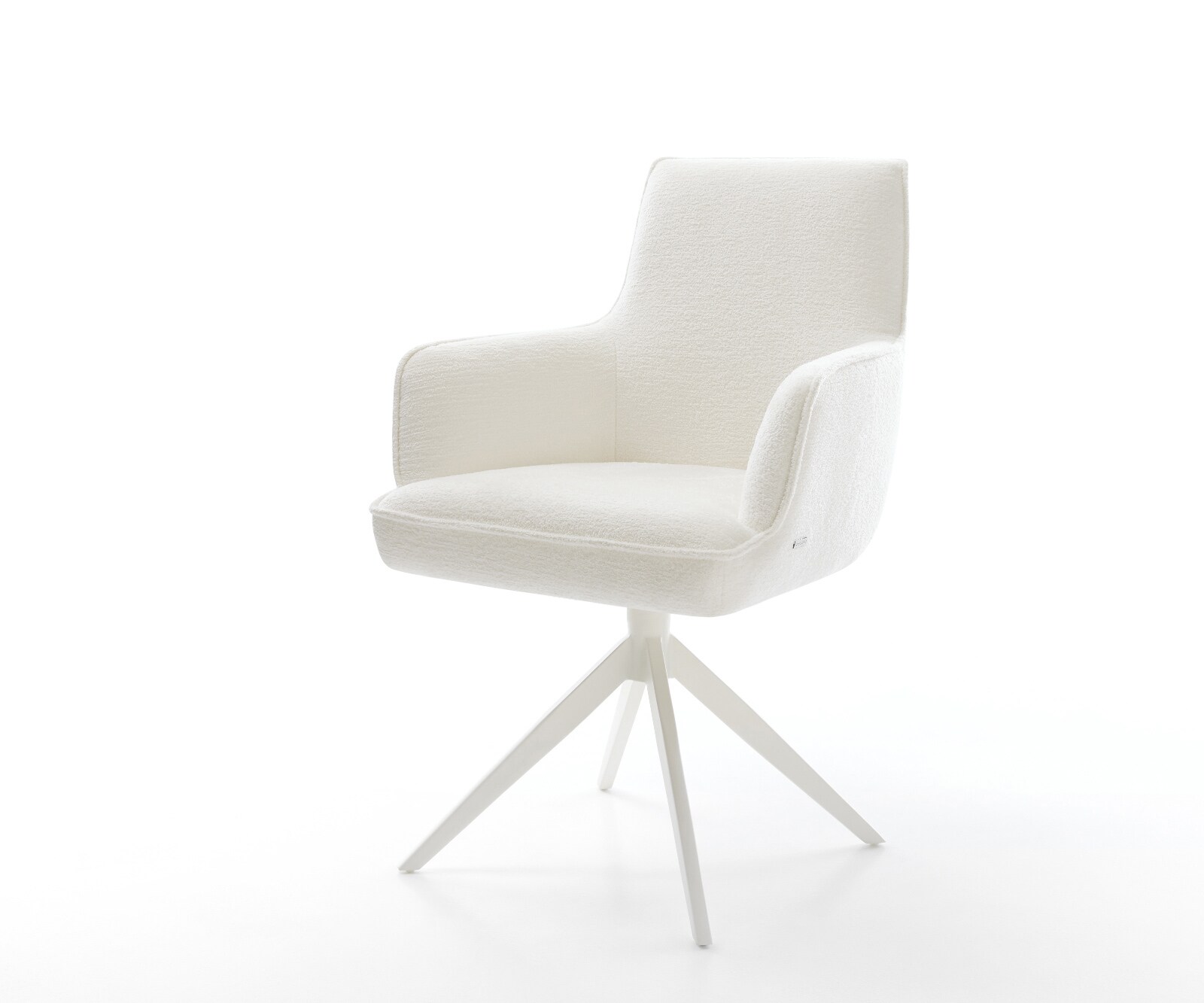 Drehstuhl Heira-Flex mit Armlehnen Bouclé Soft Beige Kreuzgestell breit Weiß 360° drehbar Wippfunktion Taschenfederkern