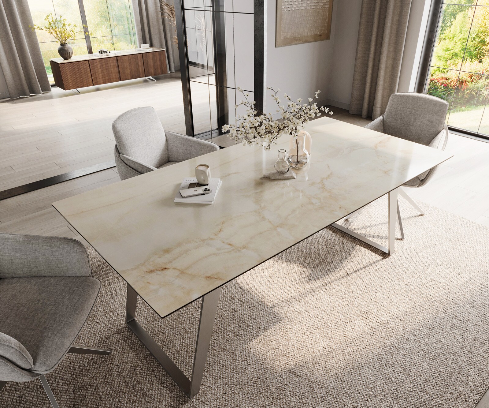 Table à manger Edge 200x100 céramique Laminam® Onice Oro ​acier inoxydable incliné 4