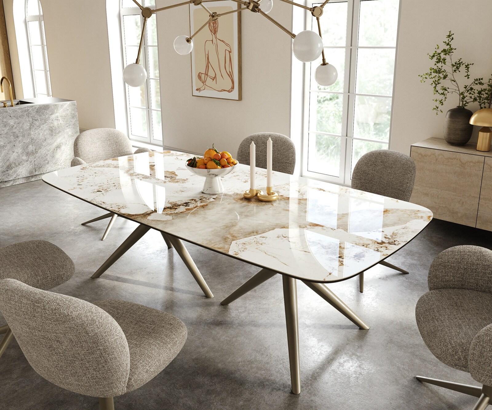 Table à manger Edge Boot 240x120 cm Céramique Minas Melange Blanc-Beige Estelar rond Métal Finition effet Titan