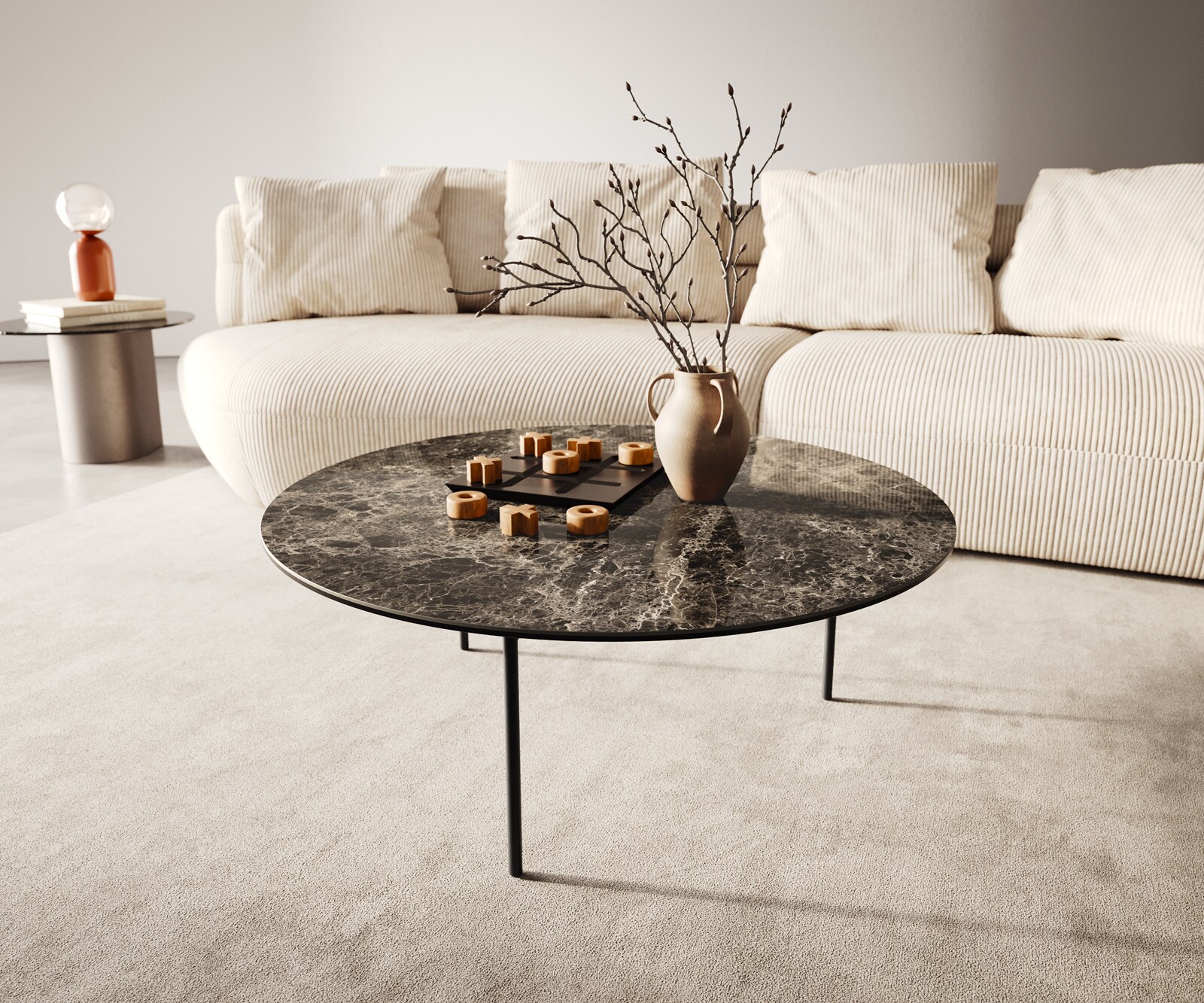 Couchtisch Edge Rund 90x90 cm Keramik Emperador Extra Lucidato Dunkelbraun Trive Metall Schwarz 1
