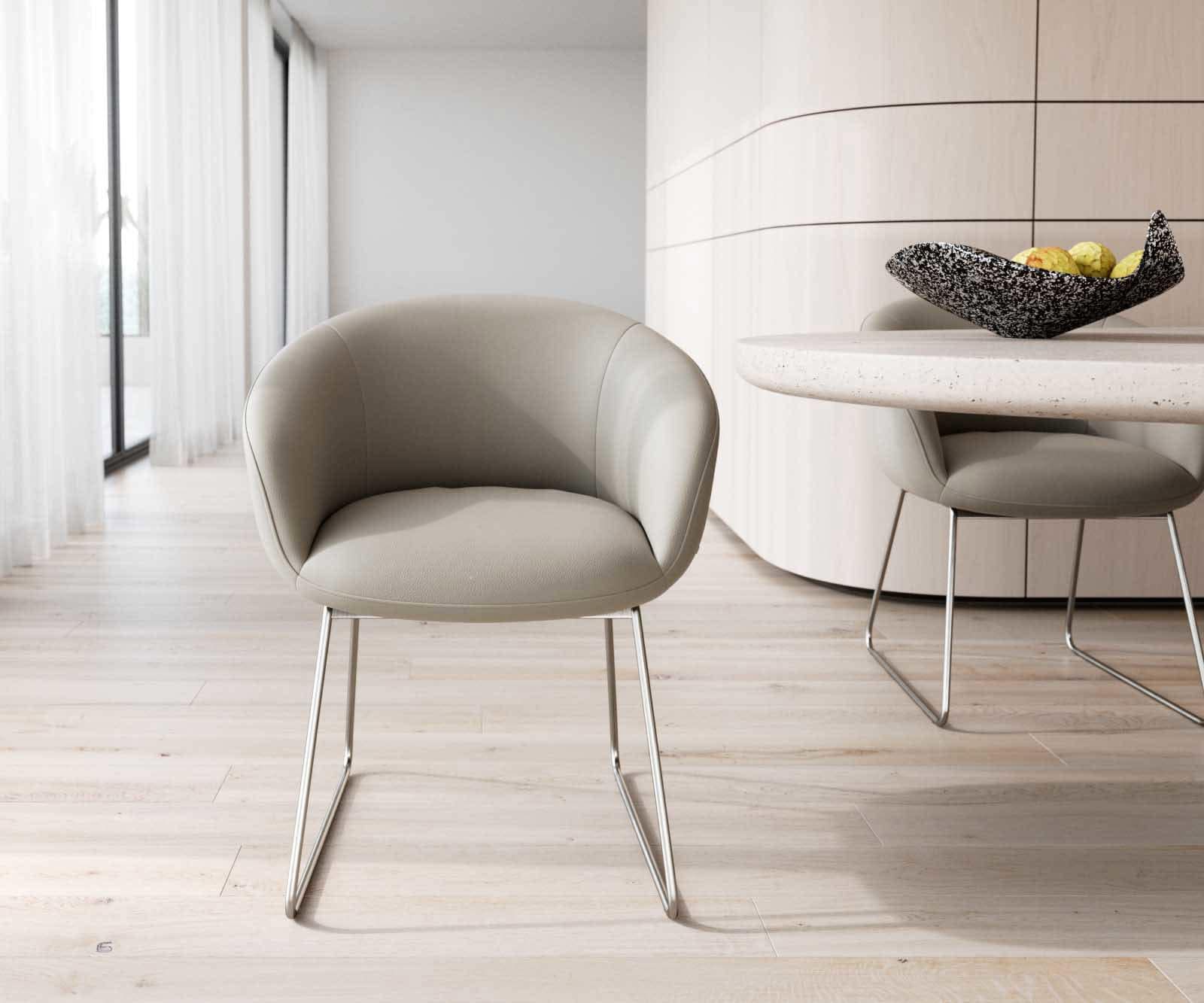 Esszimmerstuhl Vinka-Flex mit Armlehnen Echt-Leder Schlamm Kufengestell Edelstahl Taschenfederkern 1 Esszimmerstuhl Vinka-Flex mit Armlehnen Echt-Leder Schlamm Kufengestell Edelstahl Taschenfederkern 1