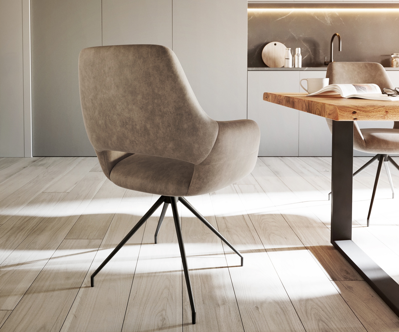 Esszimmerstuhl Yago-Flex mit Armlehnen Mikrofaser Taupe Vintage Kreuzgestell konisch Schwarz Taschenfederkern 4 Esszimmerstuhl Yago-Flex mit Armlehnen Mikrofaser Taupe Vintage Kreuzgestell konisch Schwarz Taschenfederkern 4