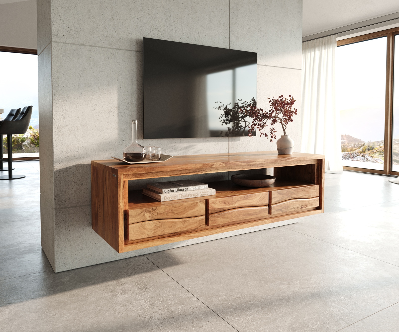 Fernsehtisch Live-Edge Akazie 190 cm mit Schubkästen Baumkante 4 Fernsehtisch Live-Edge Akazie 190 cm mit Schubkästen Baumkante 4