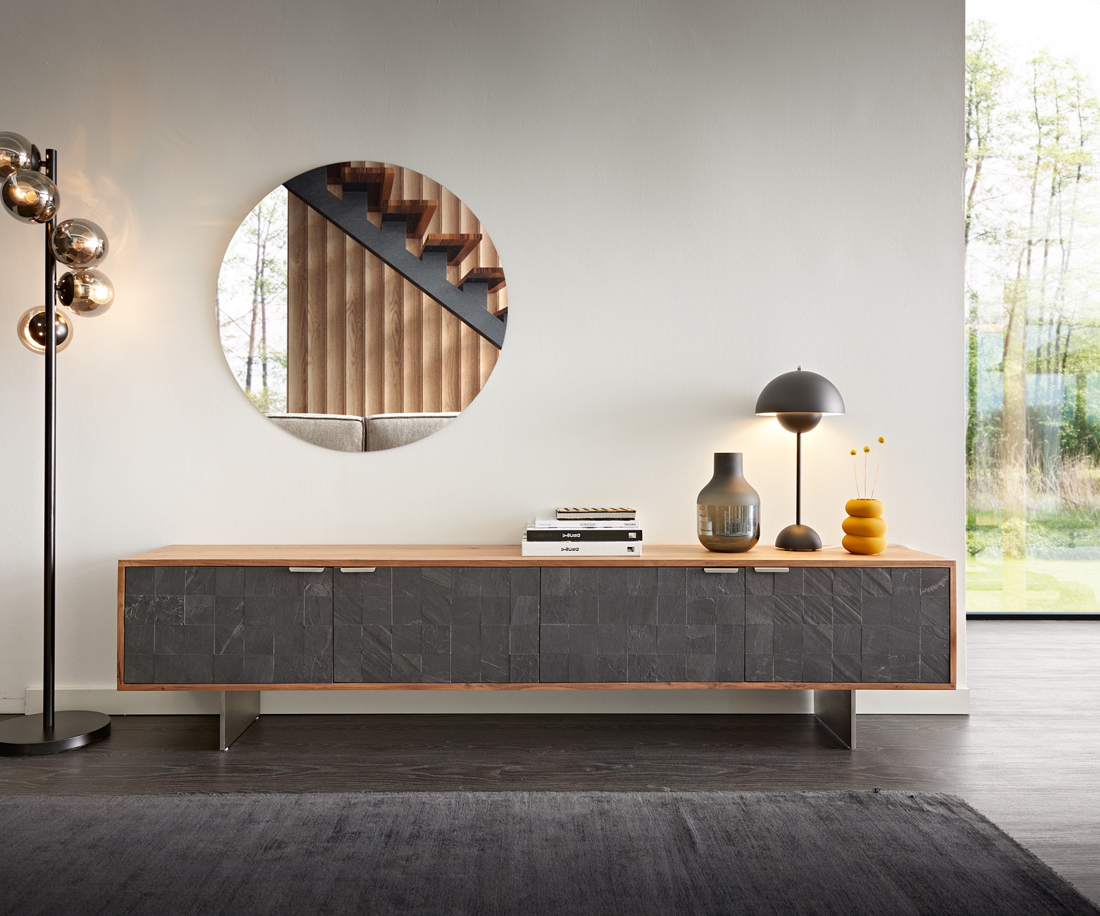 Lowboard Teele 200 cm Akazie Natur Schiefer 4 Türen Fuß schwebend Edelstahl 1 Lowboard Teele 200 cm Akazie Natur Schiefer 4 Türen Fuß schwebend Edelstahl 1