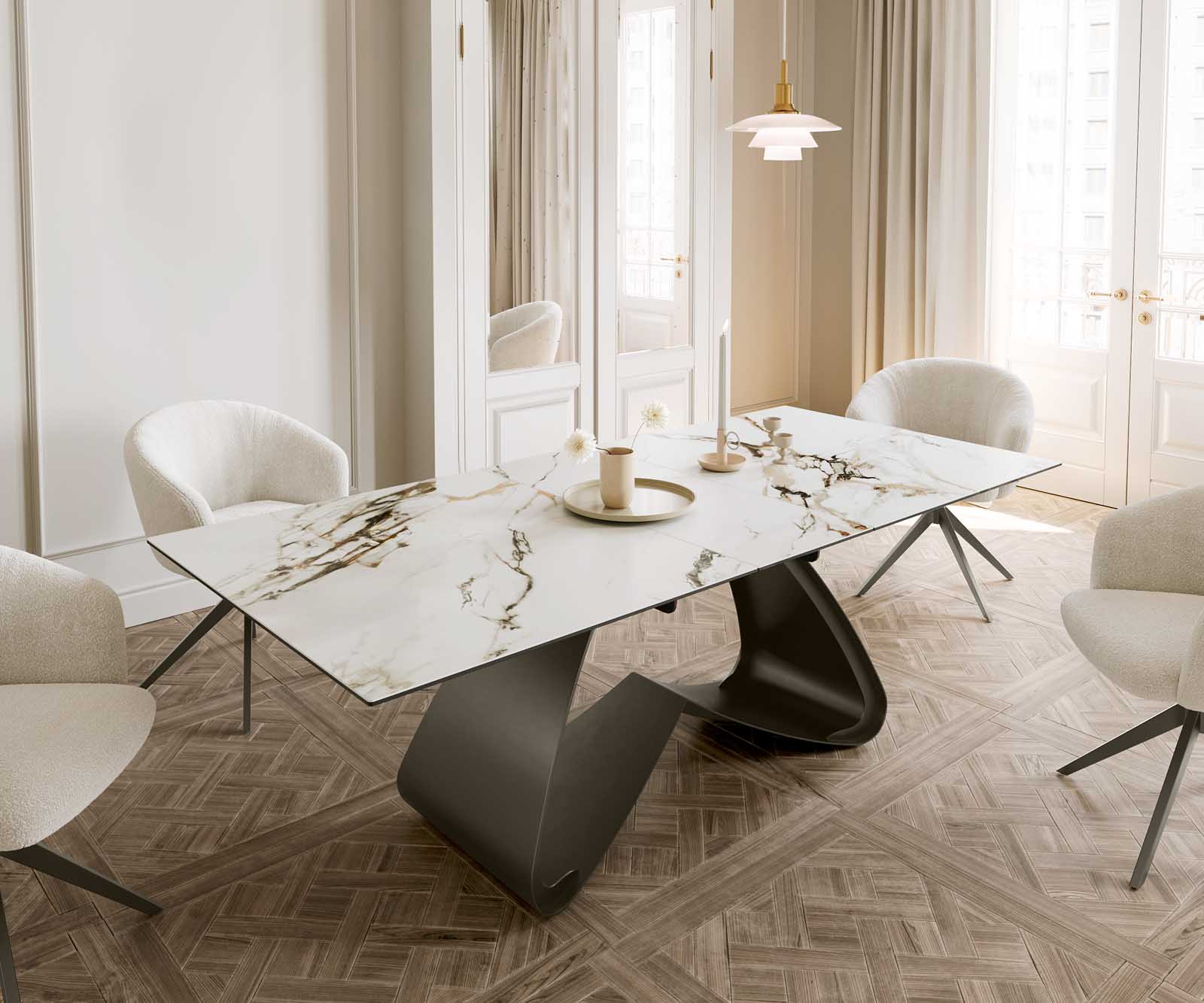 Esstisch Edge 180-220x100 Keramik Calacatta Luxe Weiß-Gold-Grau W-Gestell Effektfinish Titan Ausziehbar 1